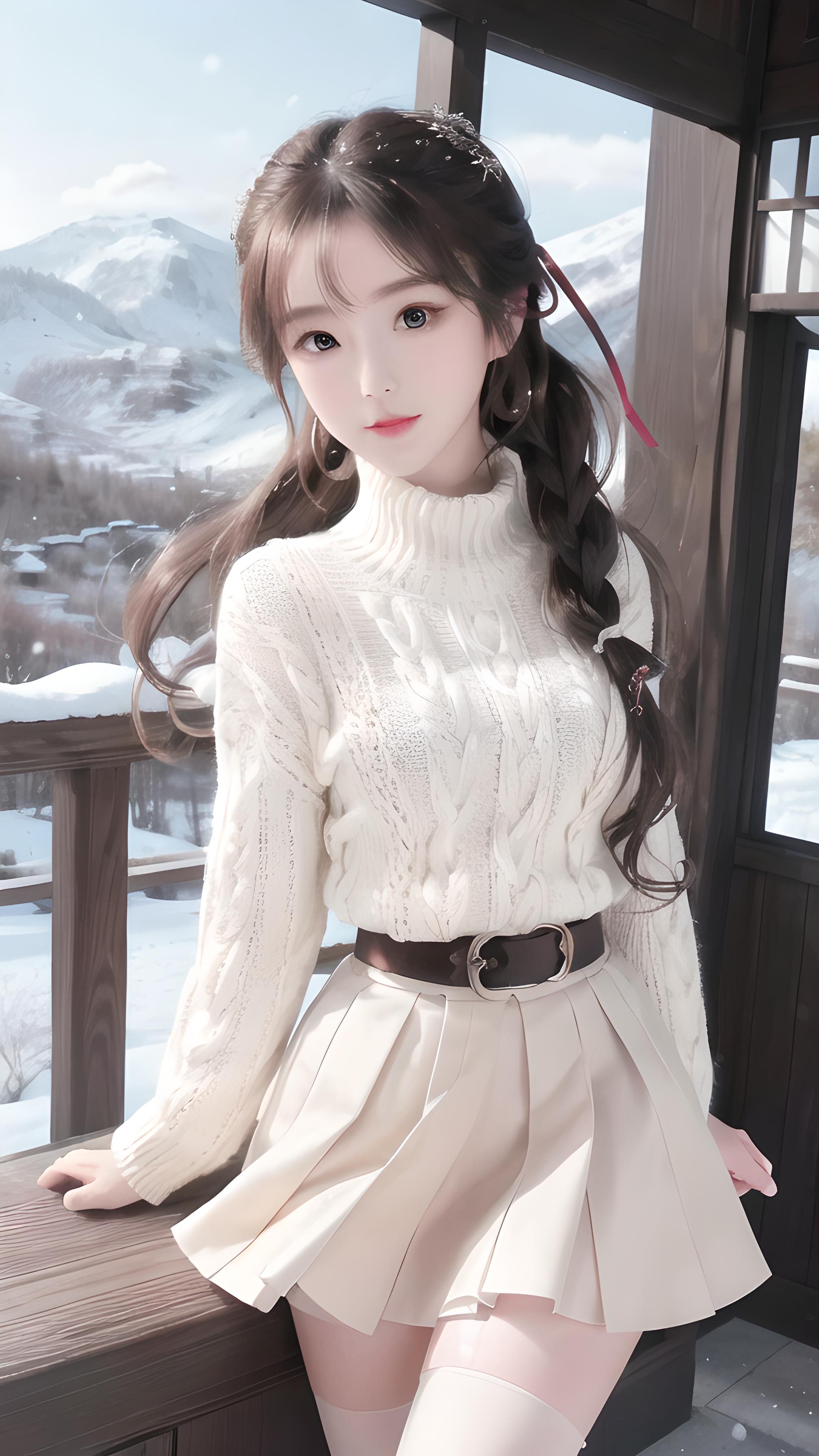 雪山下的美女