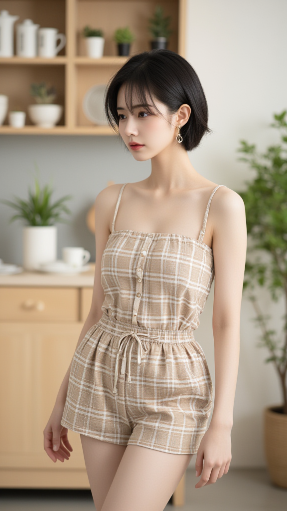 吊带格子裤女孩