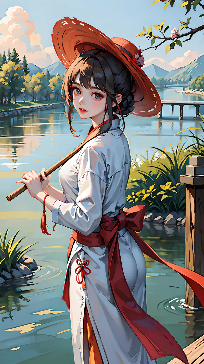 江南女子红衣汉服，水边的风景，漂亮的倒影