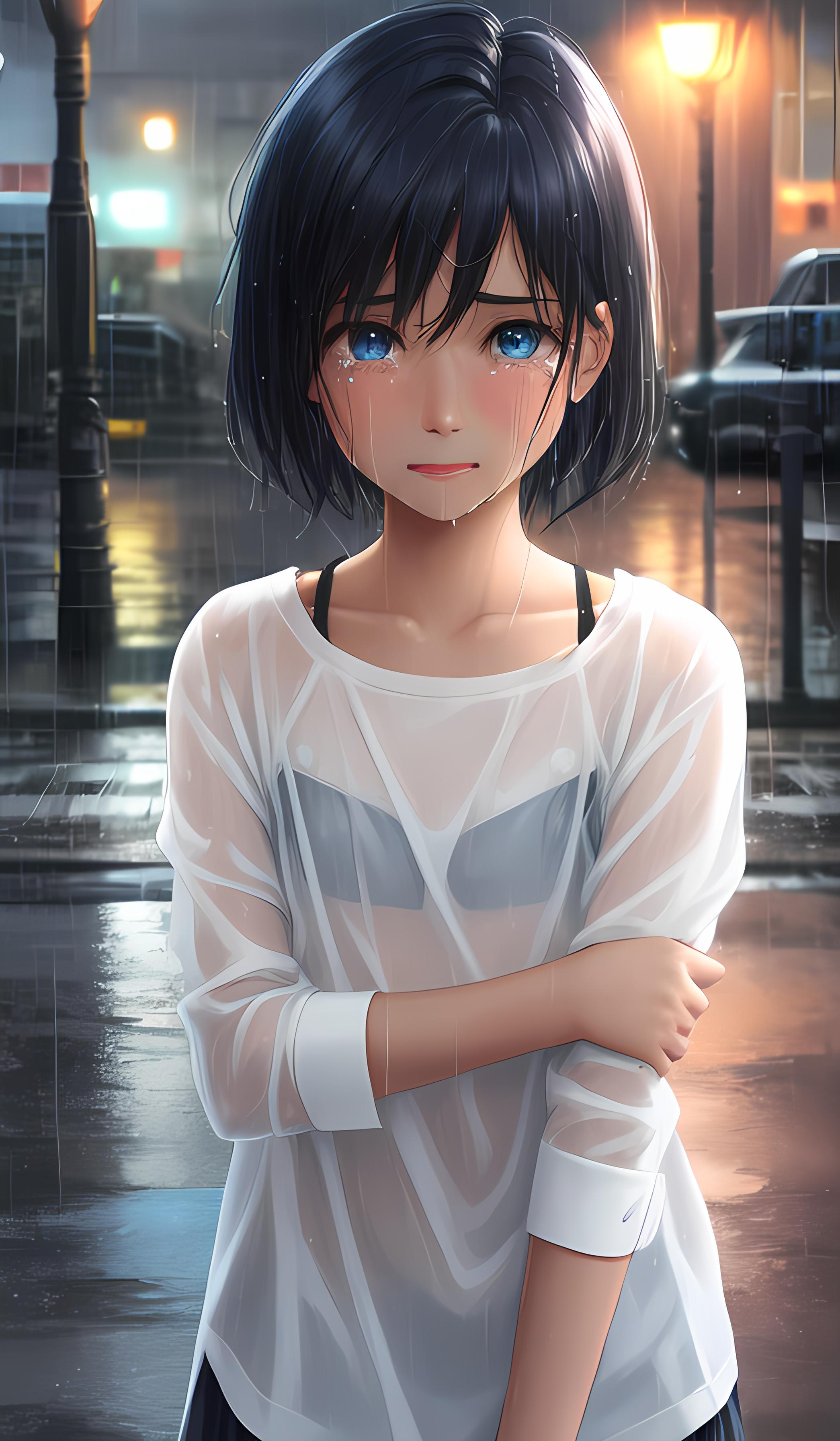 哭泣的雨中少女