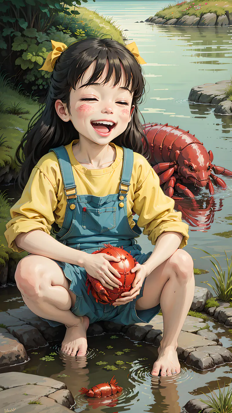 小女孩在里抓住一只大龙虾