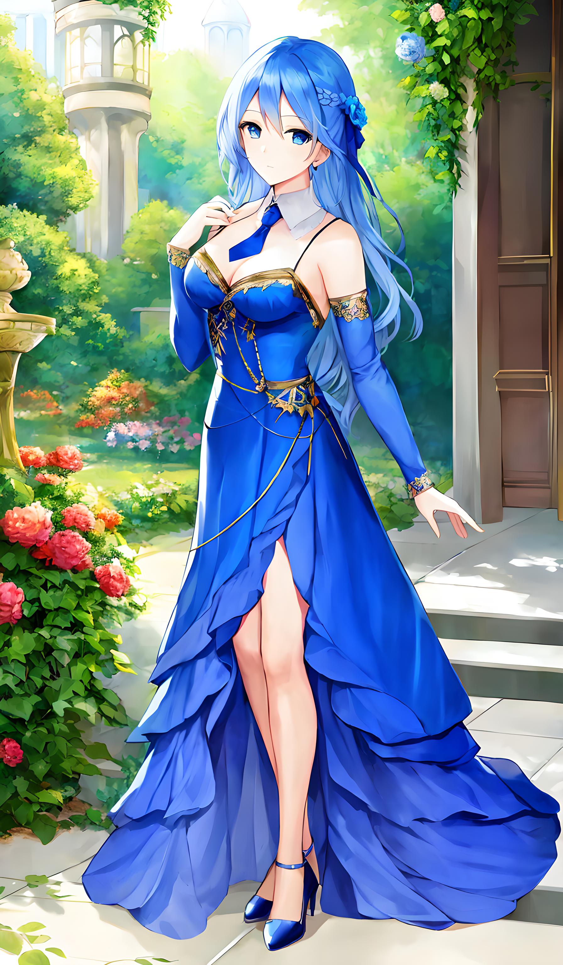 后宫花园的蓝色长裙美女