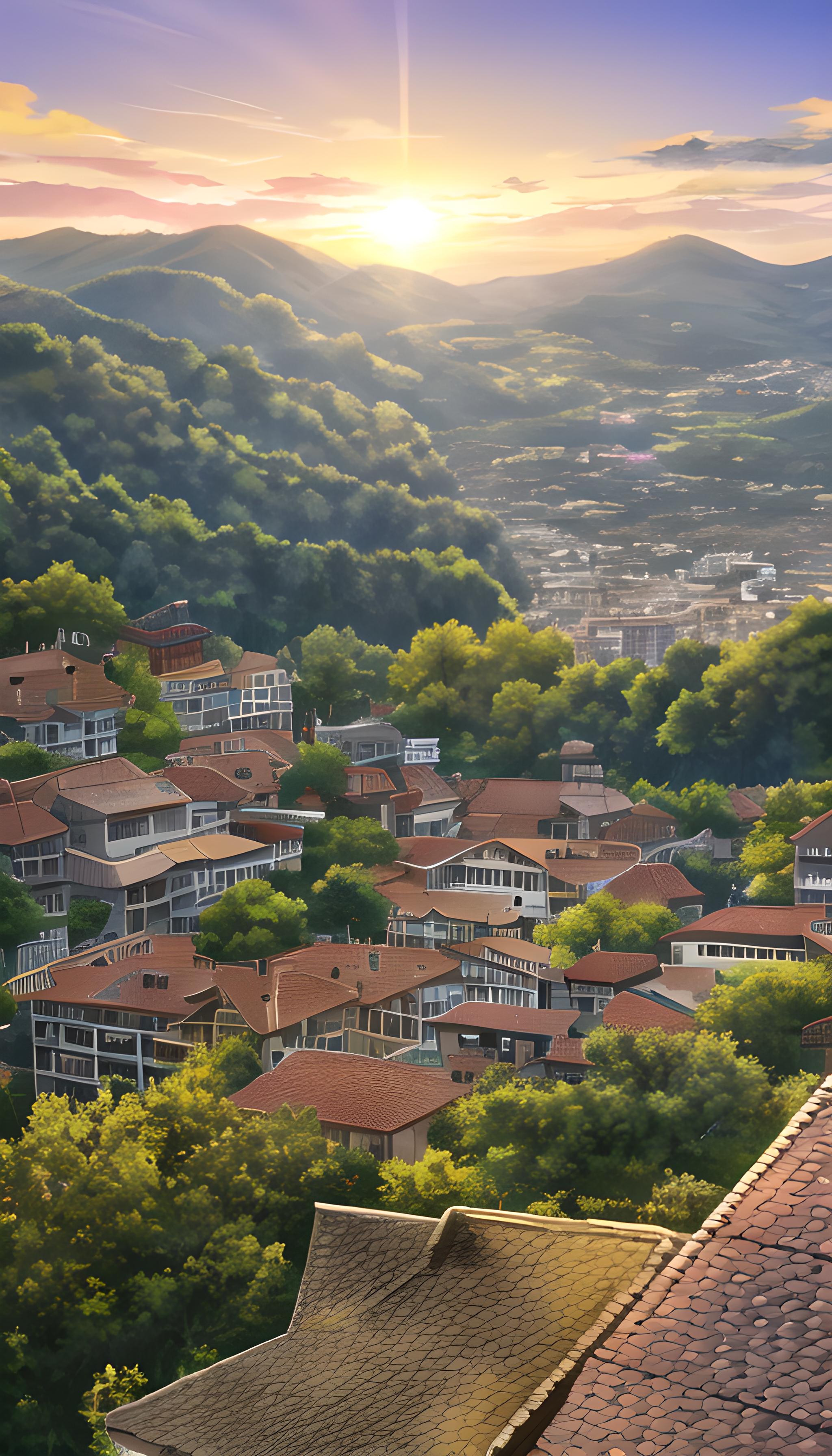 落日余晖下的山顶古建筑群