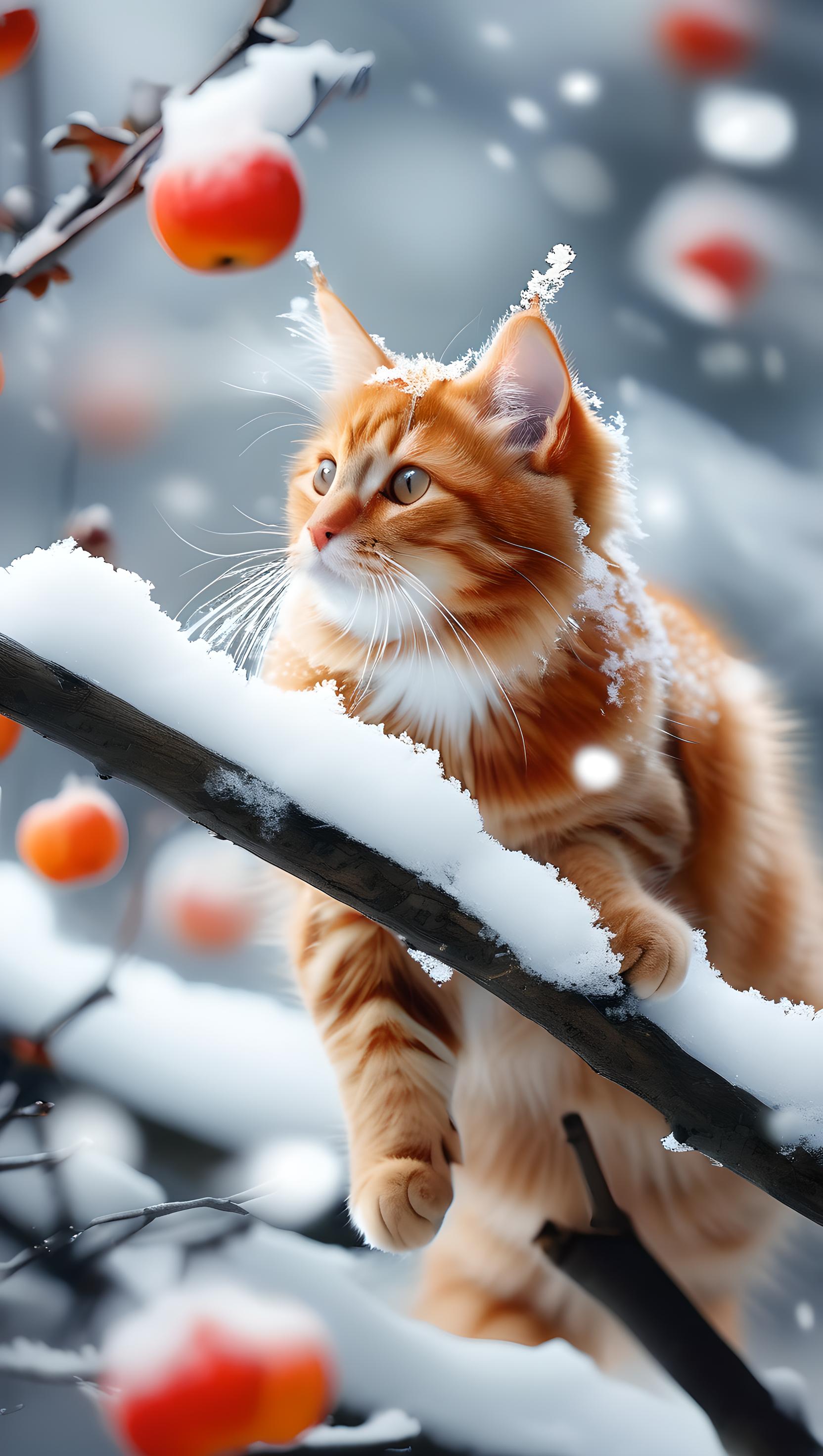 雪地里的橘猫