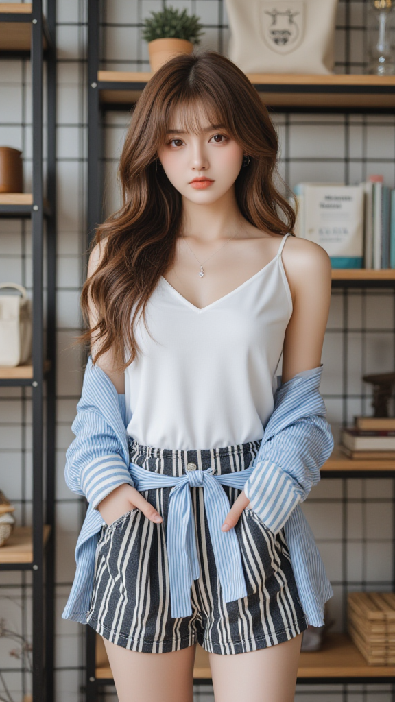 竖条纹短裤女孩