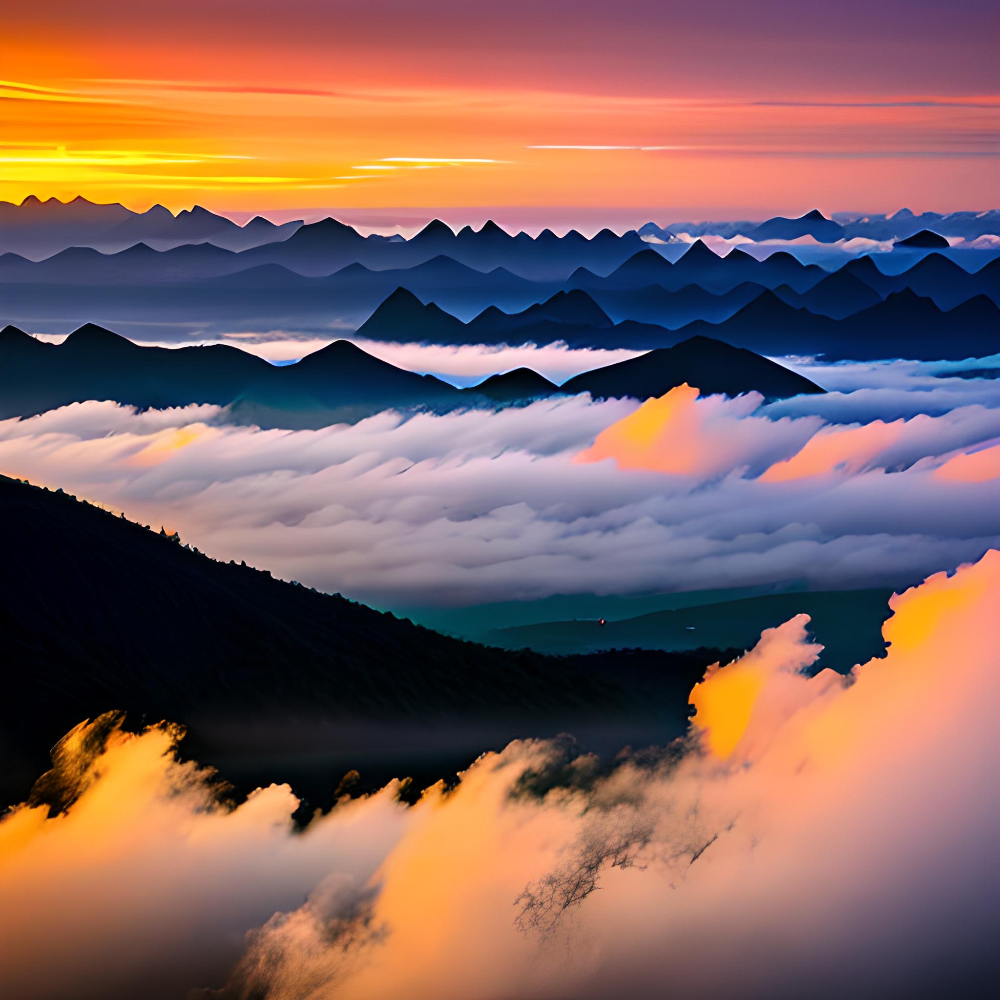 老山君，腾云驾雾，层层山峰日落黄留