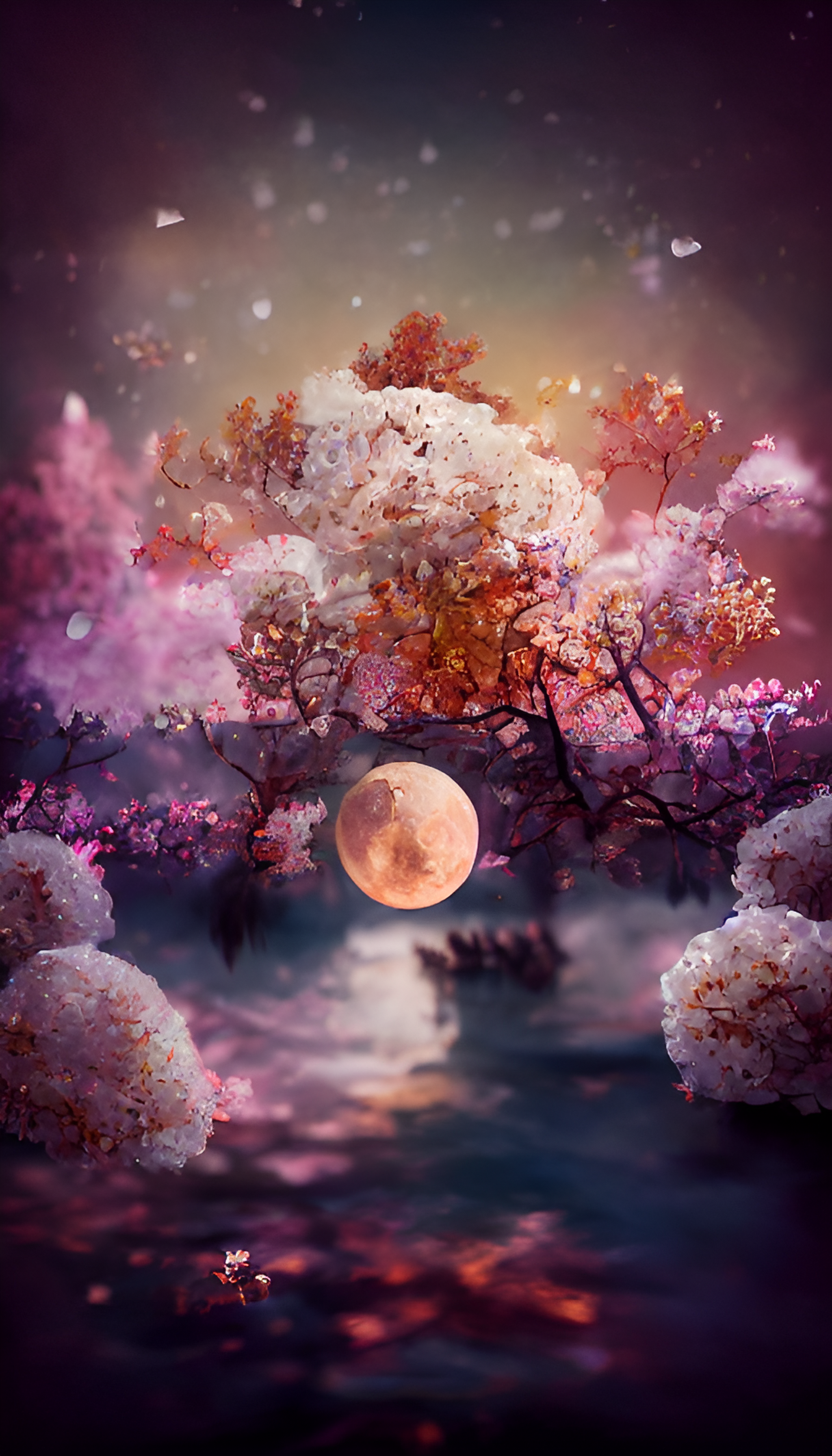  粉色，花树，水晶，月亮