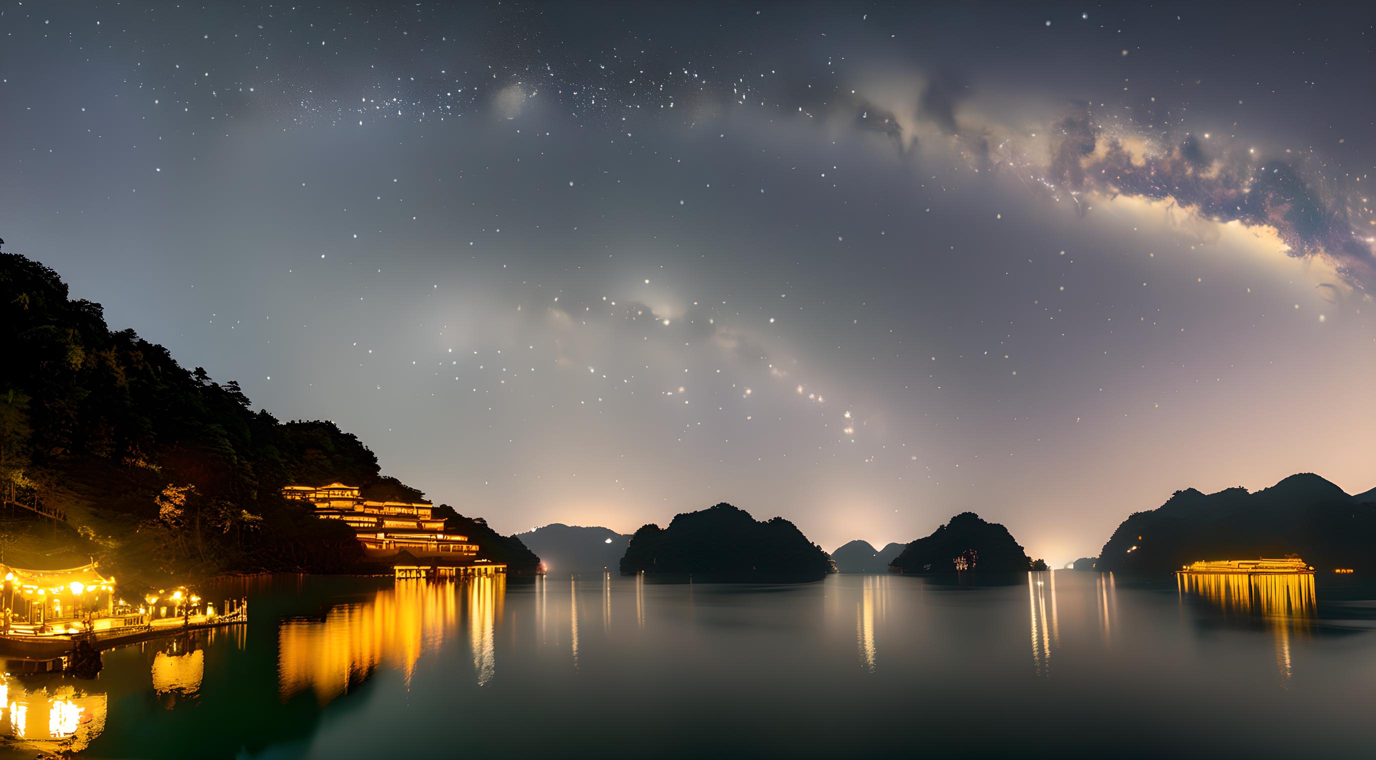 千岛湖的夜晚，静谧而神秘。星光点缀着夜空