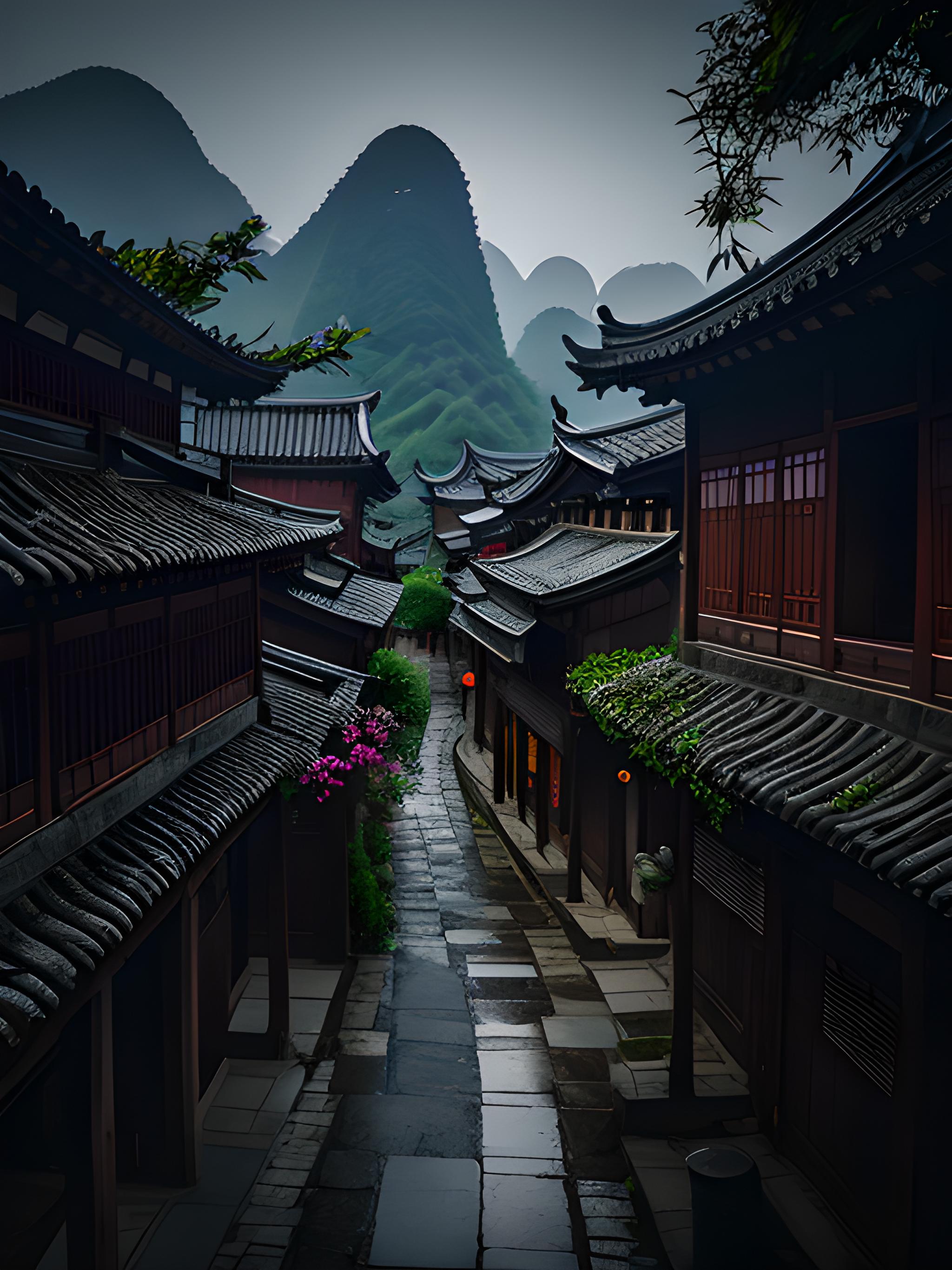 古镇雨后街景