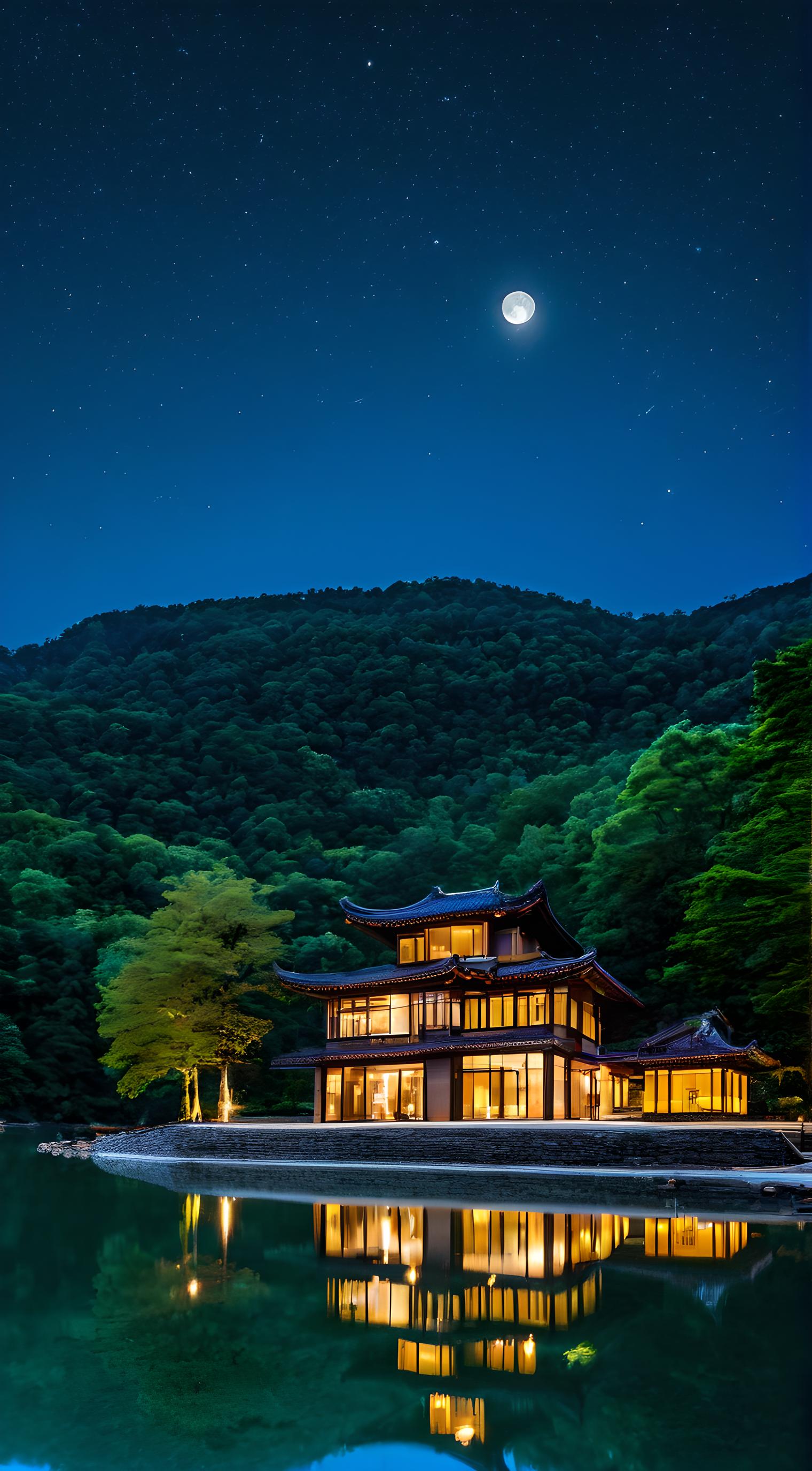 夜晚，深山，别墅，圆月，高山