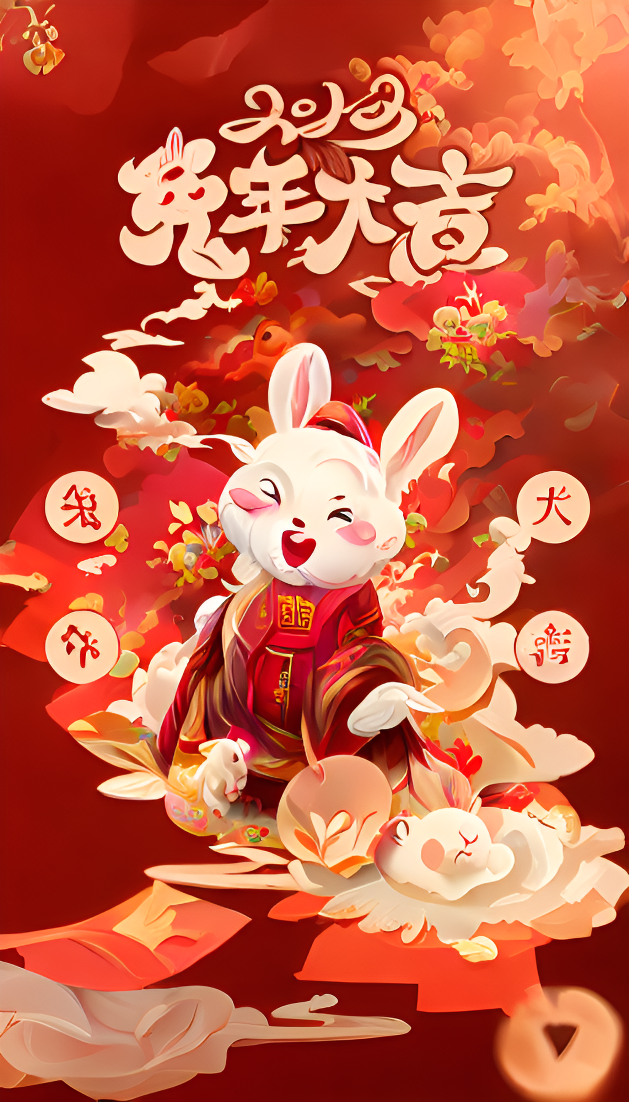 中国春节，兔年，红纸，贴纸，福字，云，红