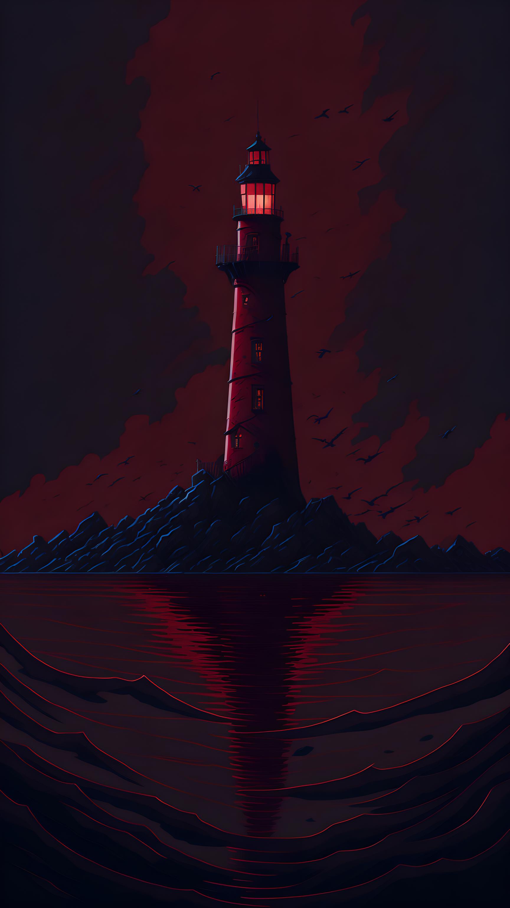 美丽孤独的红色灯塔，站在红水后面，4 k