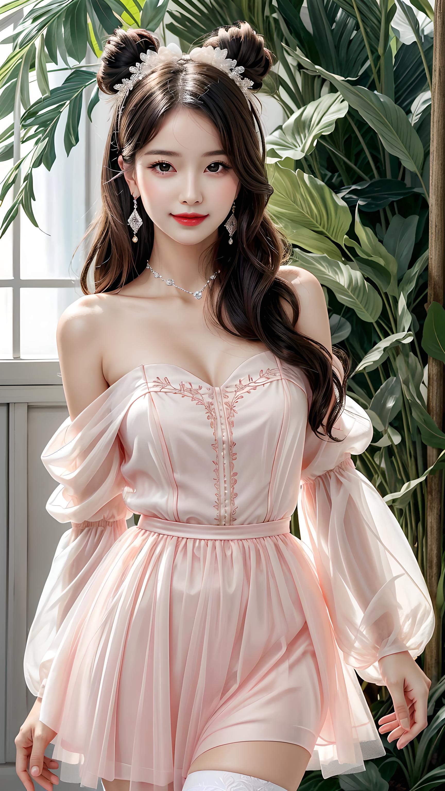 粉红露肩连衣裙美女