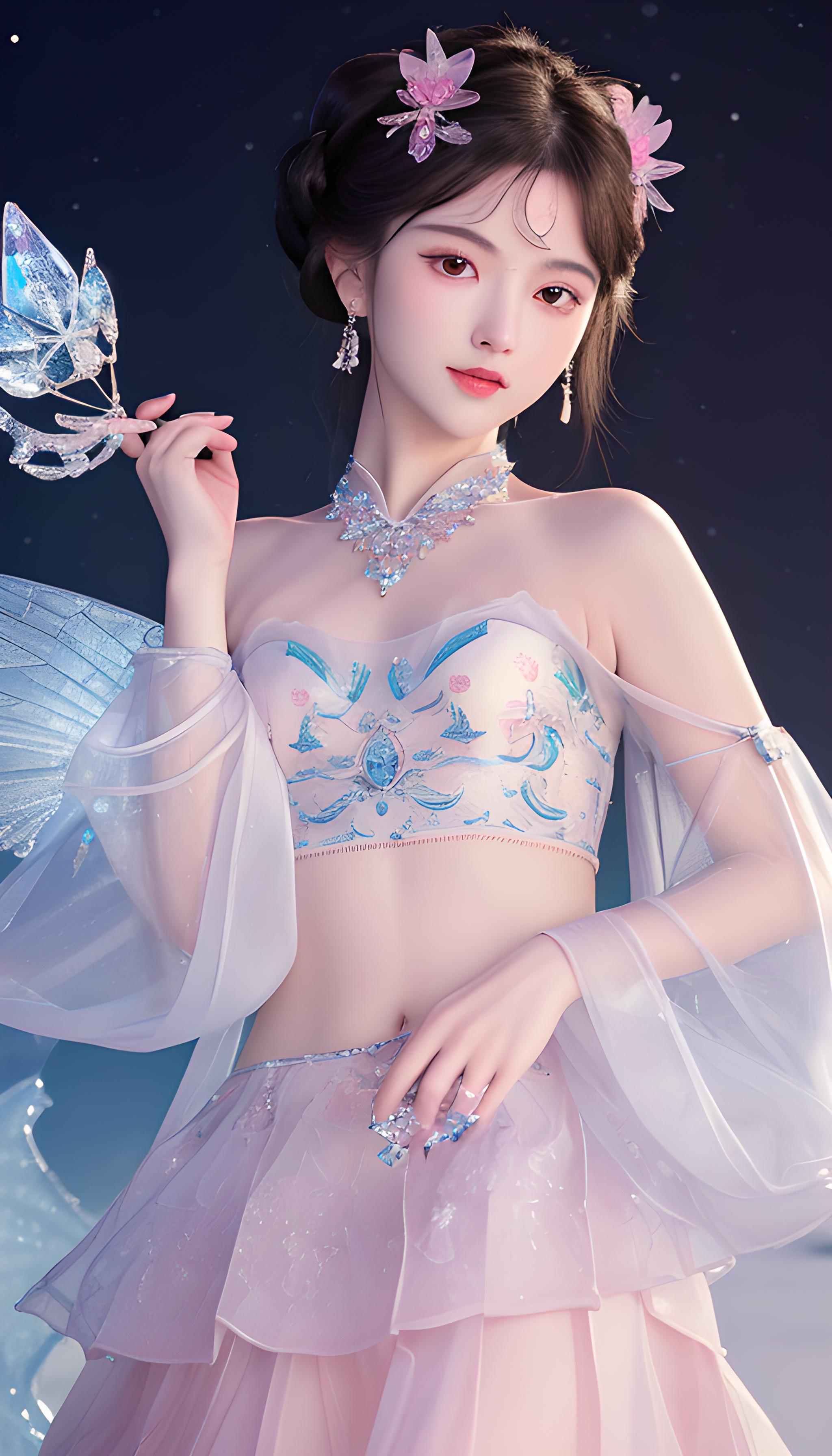 湛蓝华丽冰晶露脐裙