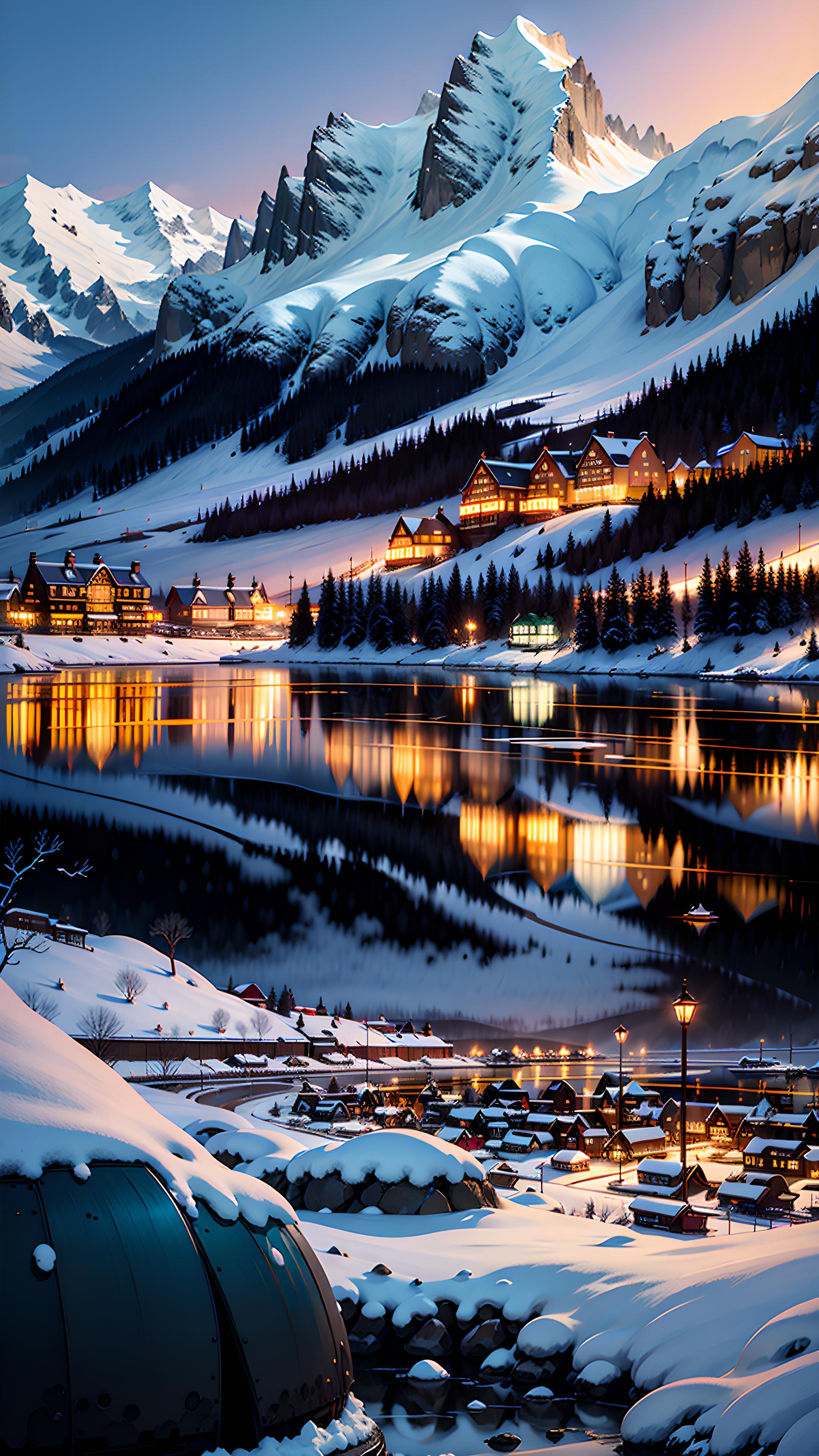 雪山下的小镇夜景