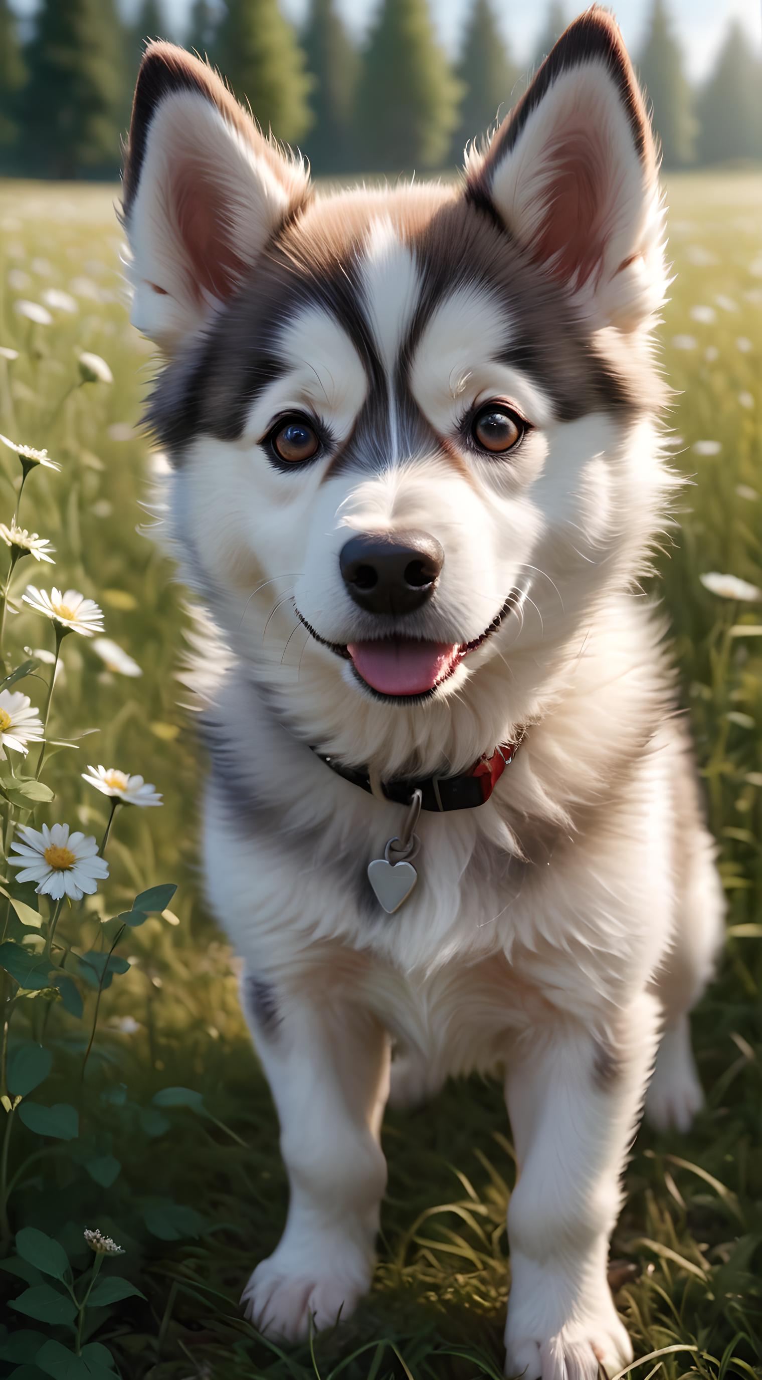 动物 可爱 哈士奇犬  草地 森林 野花