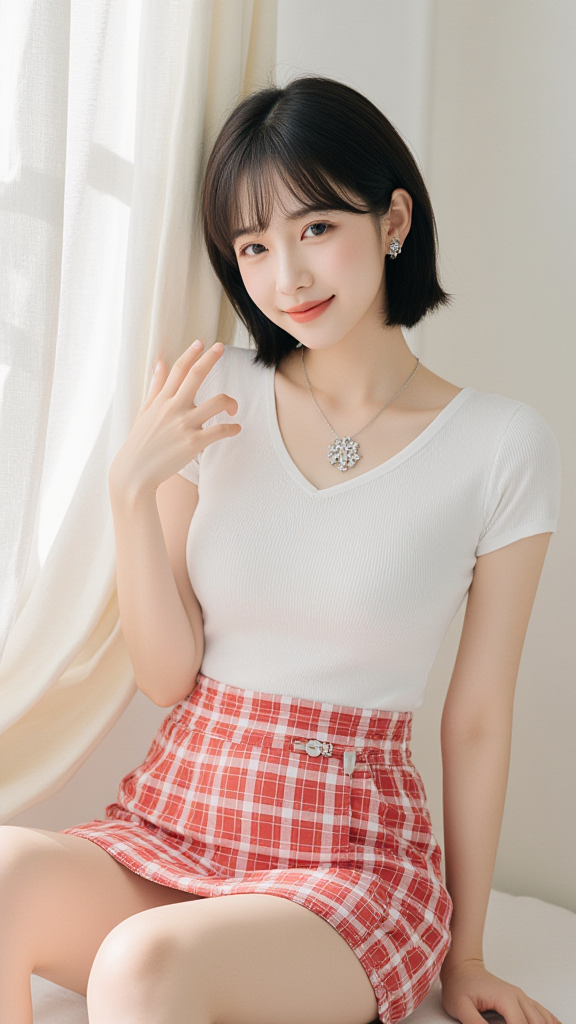 短发鸡心领上衣女孩