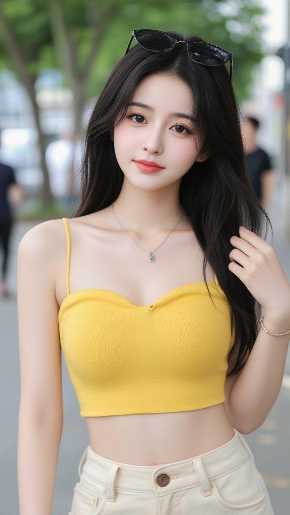 黄吊带上衣女孩