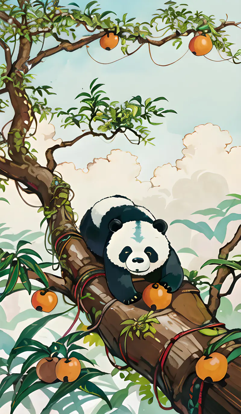大熊猫爬上枇杷树吃枇杷