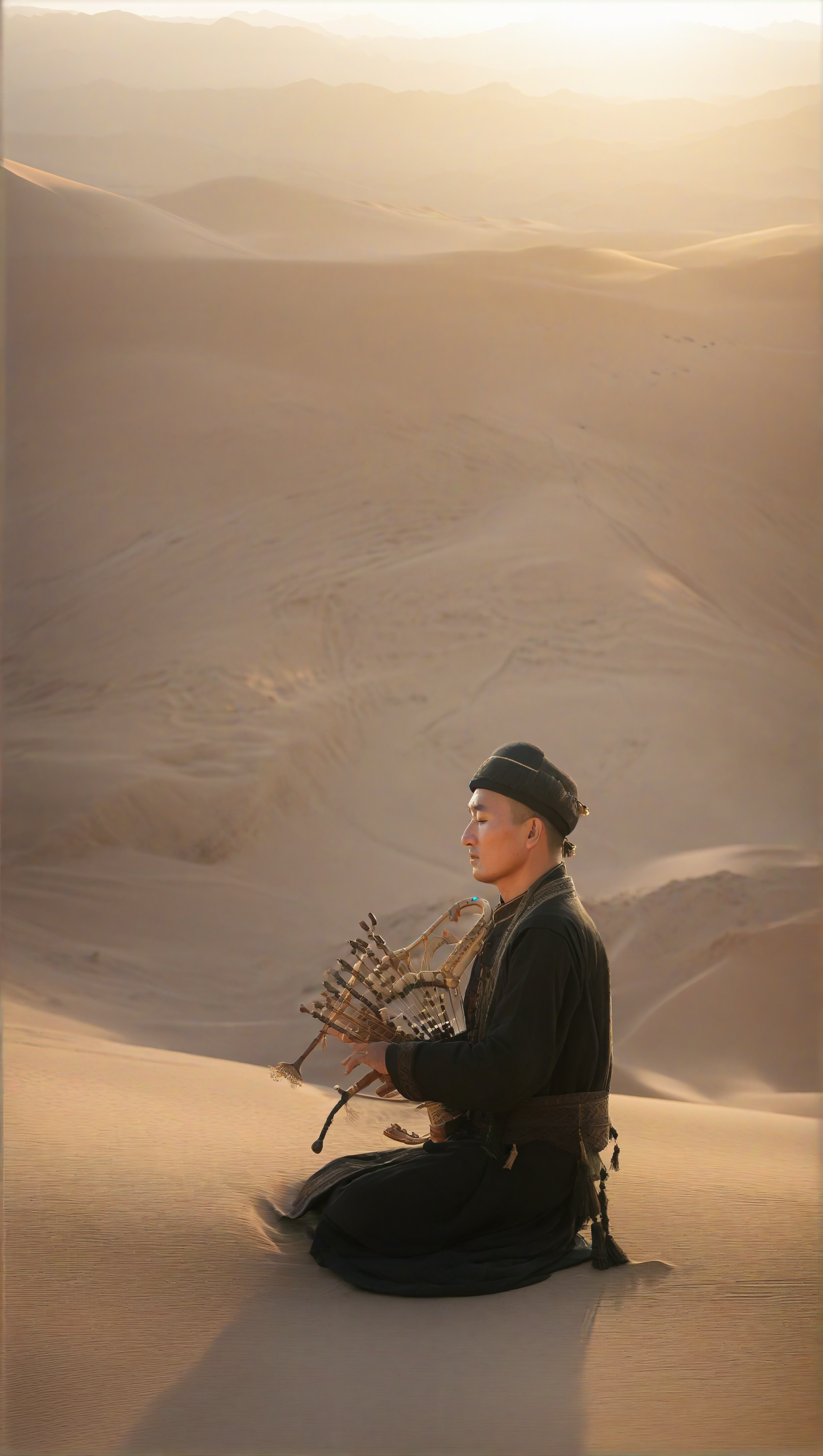 维吾尔族音乐家在新疆沙漠演奏乐器