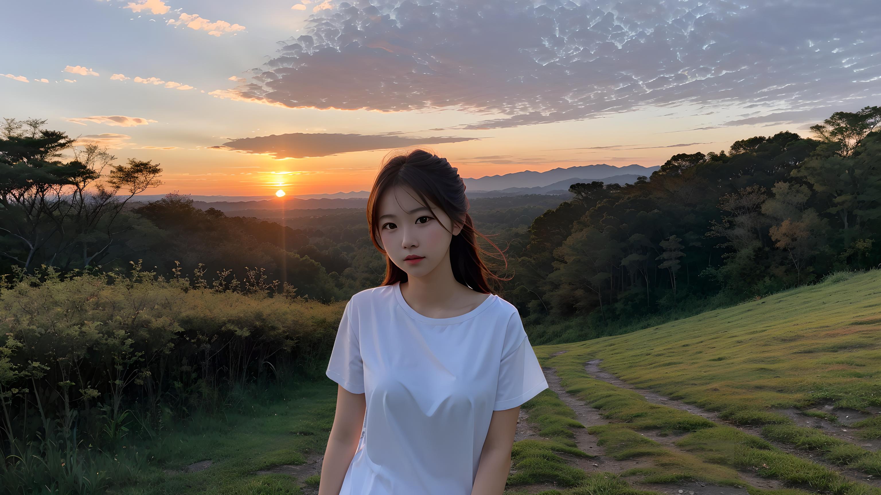 美女 夕阳