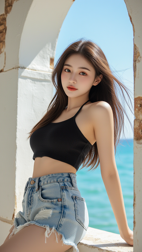 毛边牛仔短裤女孩