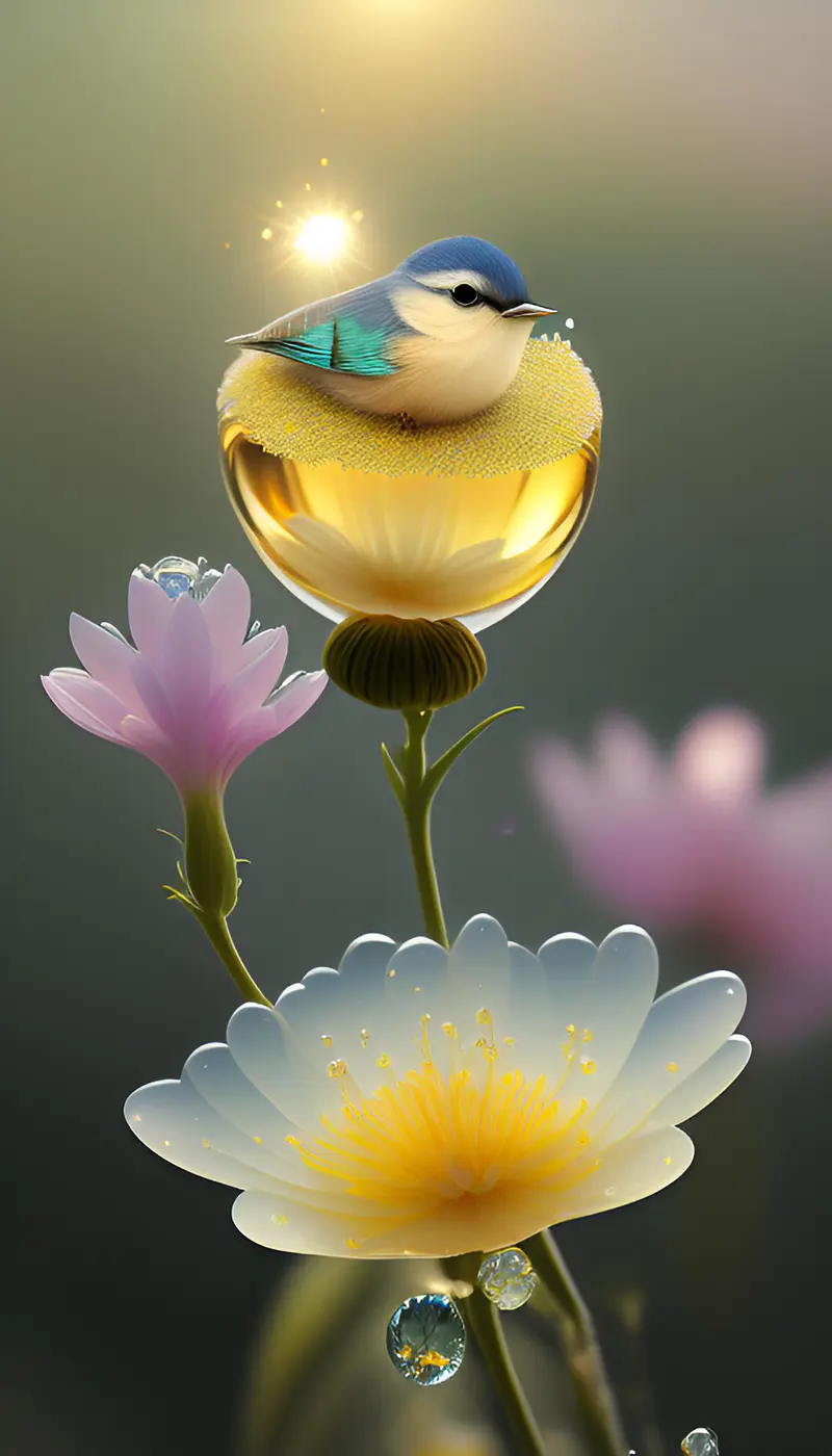 花，水滴，鸟