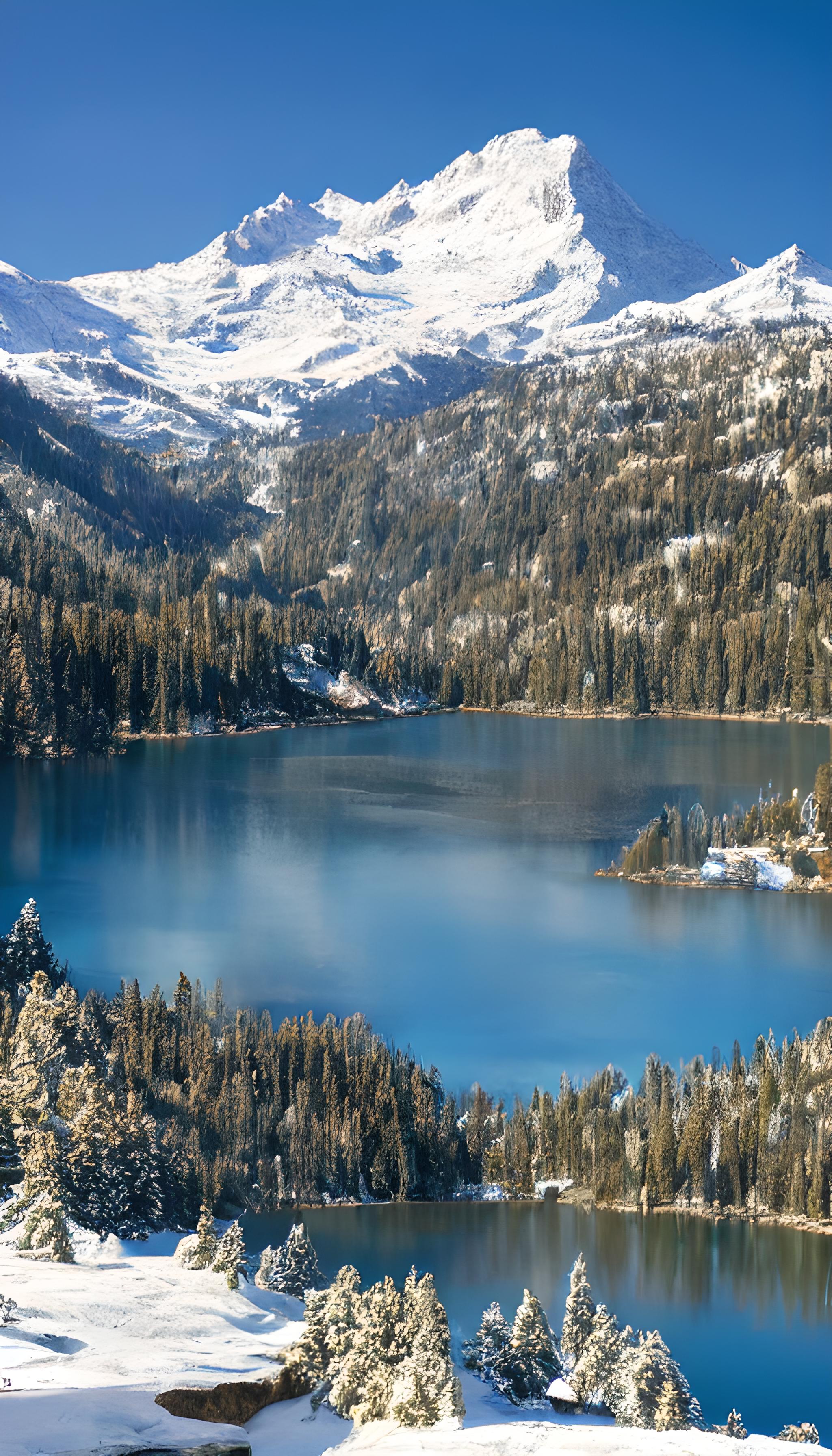 宁静的湖泊坐落在雪山之间，阳光，近景