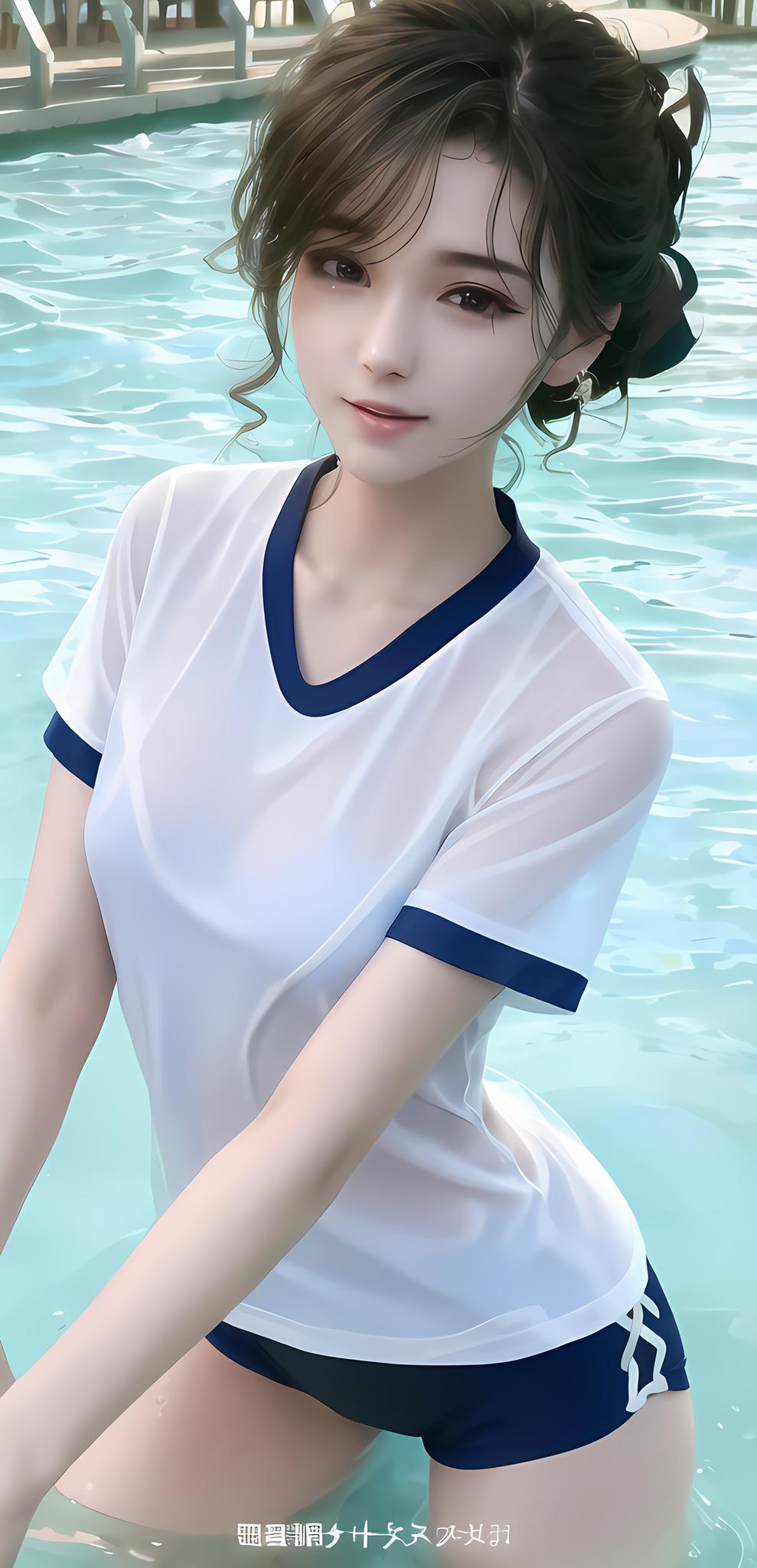 泳池里的少女