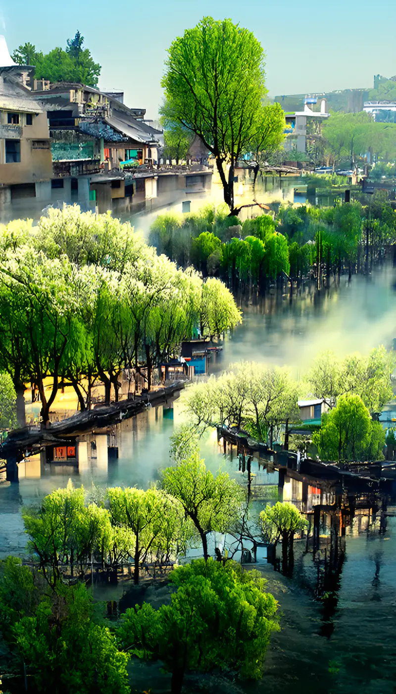 中国水乡春 清晨的一幅画，岸上有绿树