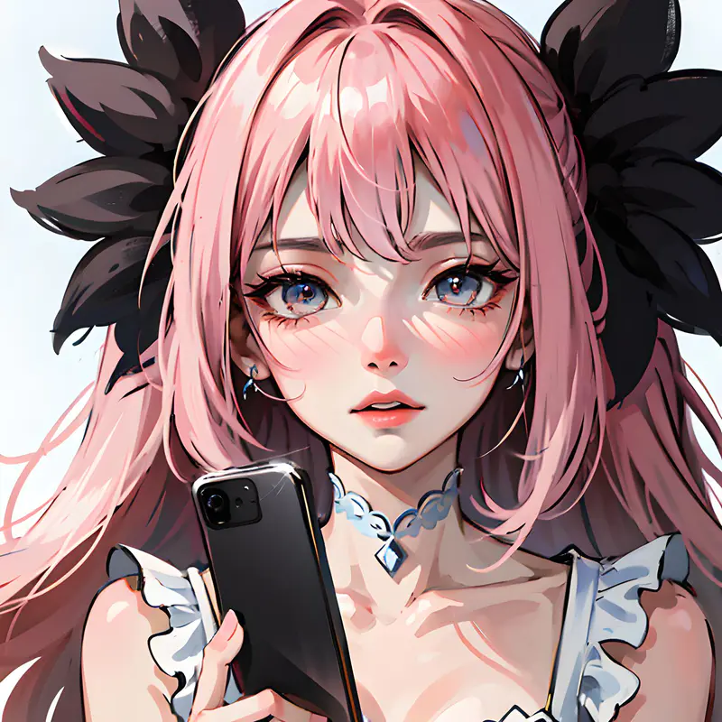 粉色长发女孩 拿着手机