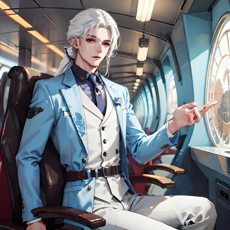 白发帅哥坐在高铁座位上