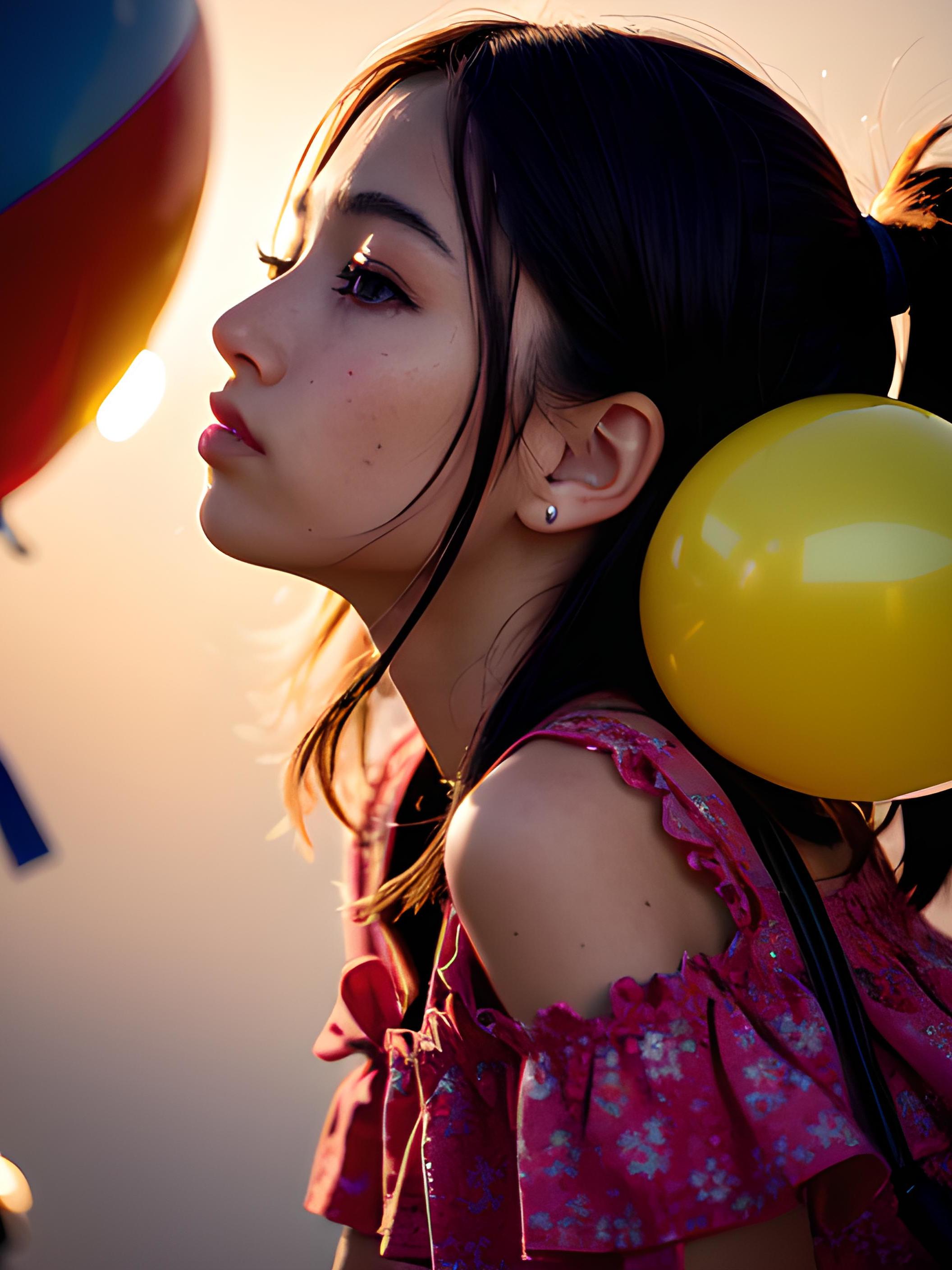夕阳下的女孩和气球