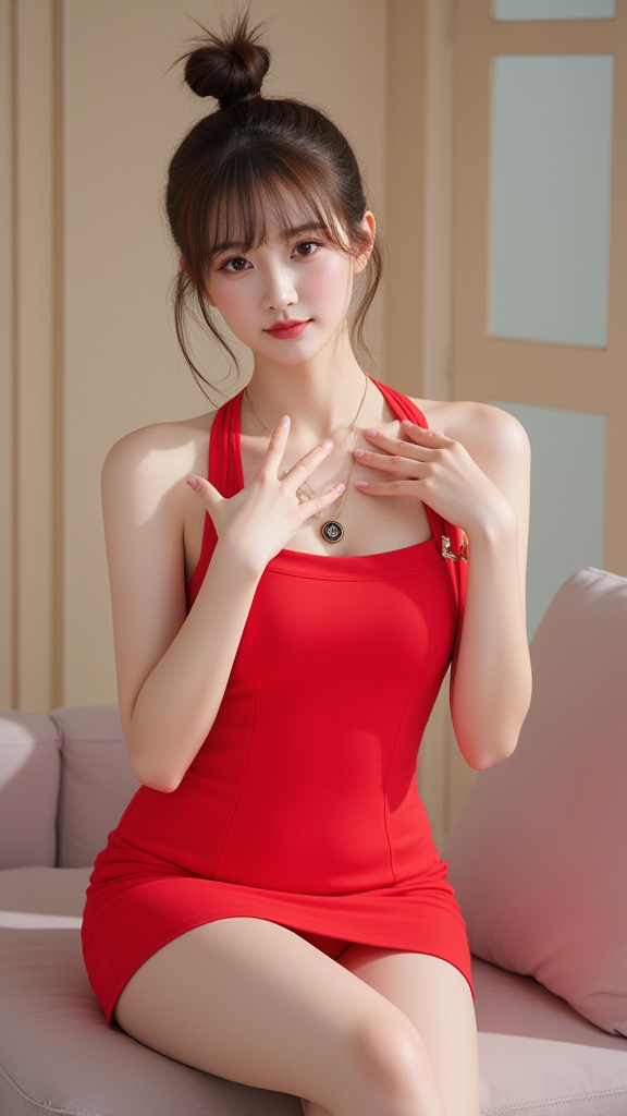 红色挂脖吊带裙女孩