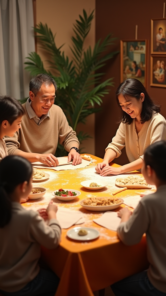 温馨的一家包饺子