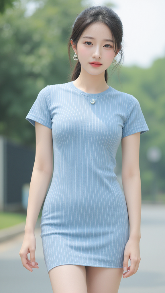 竖条纹短裙女孩