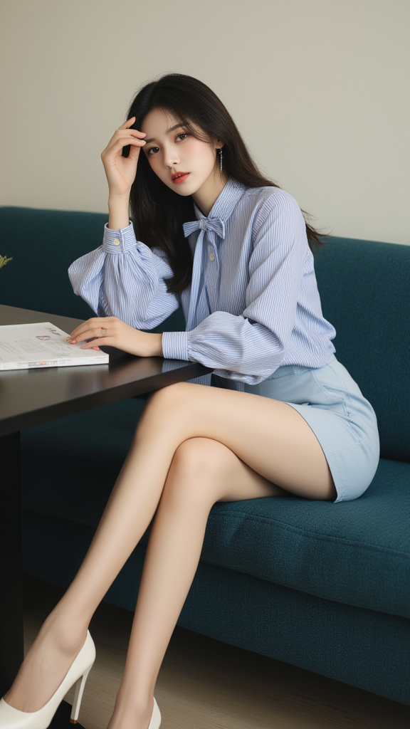 蓝色竖条纹衬衫女孩