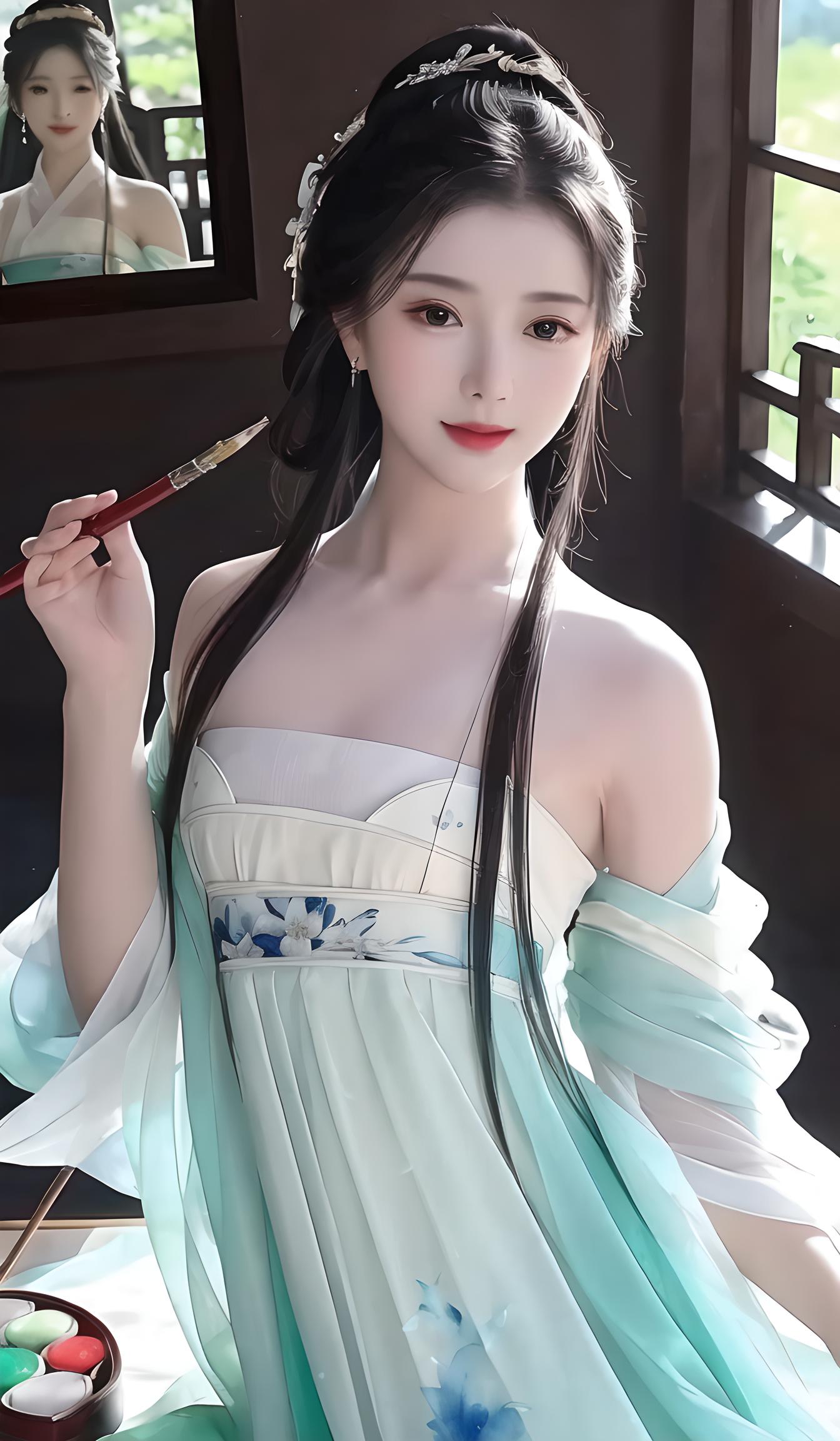 少女，窗外，青衣，提笔