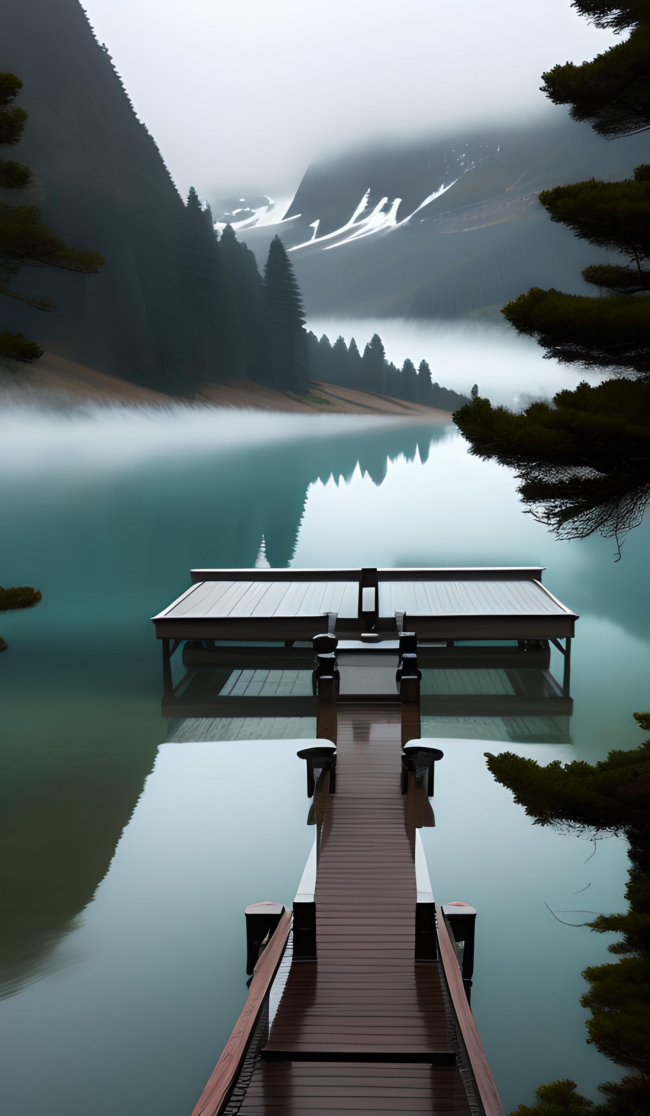 一个被群山环绕的雾蒙蒙的湖，有一个木码头