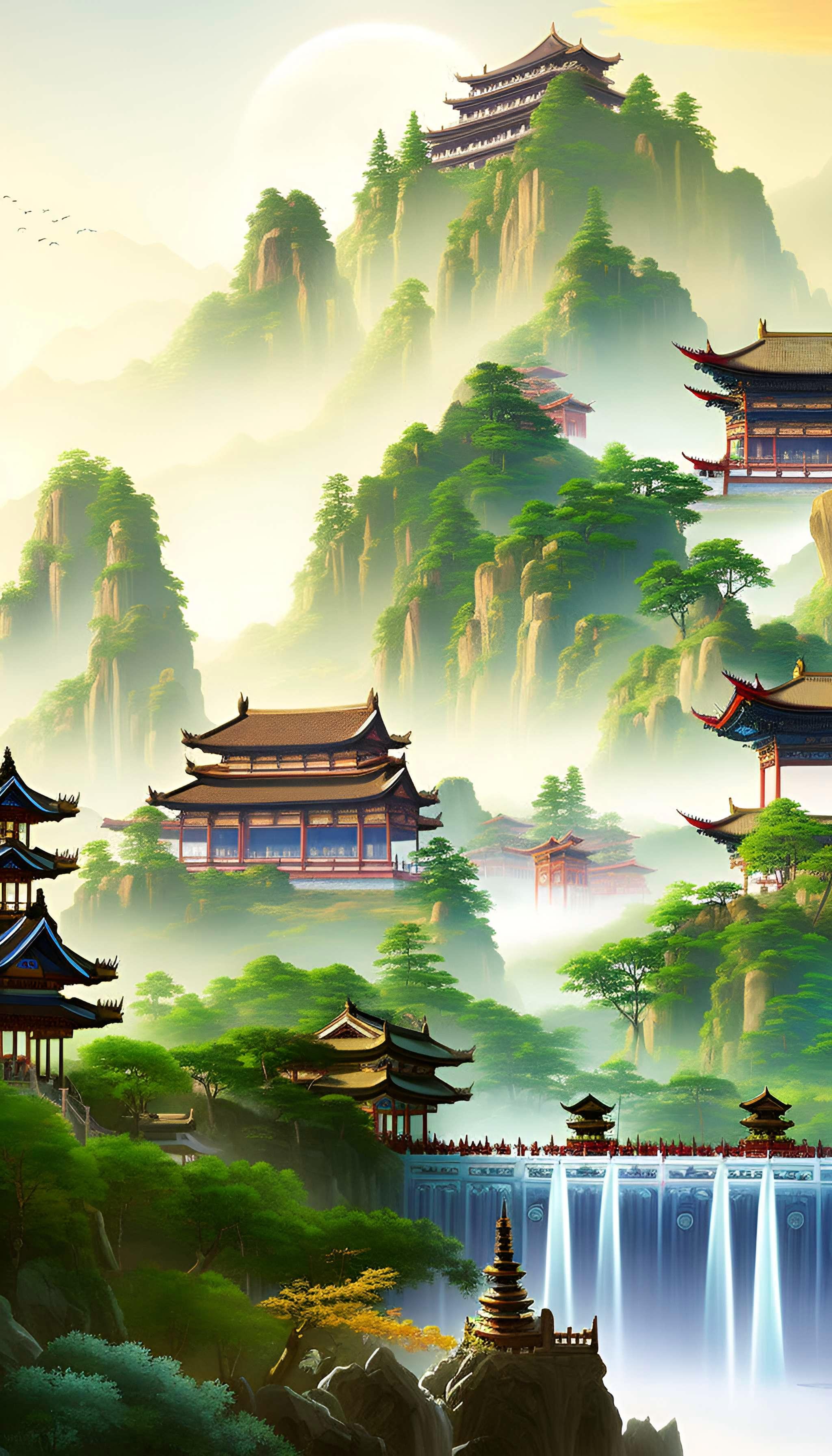 青山隐古寺——古典式中国山水画
