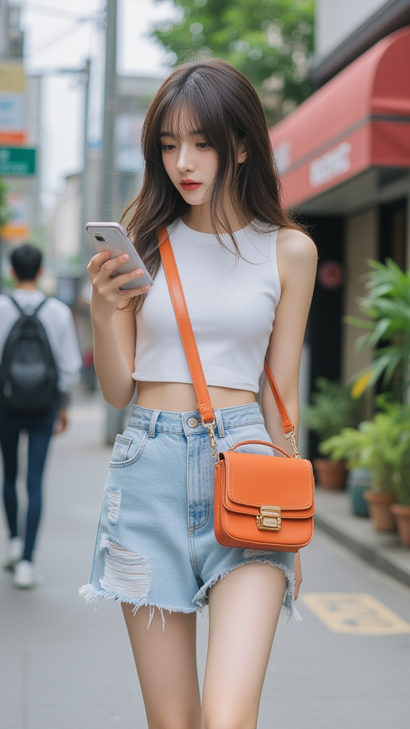 破边牛仔短裤女孩