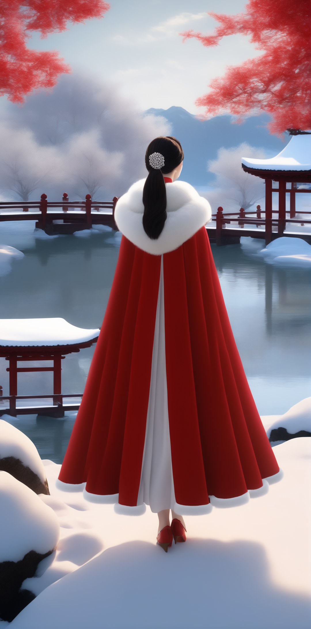 雪地里披着红色貂绒大披风的女孩2