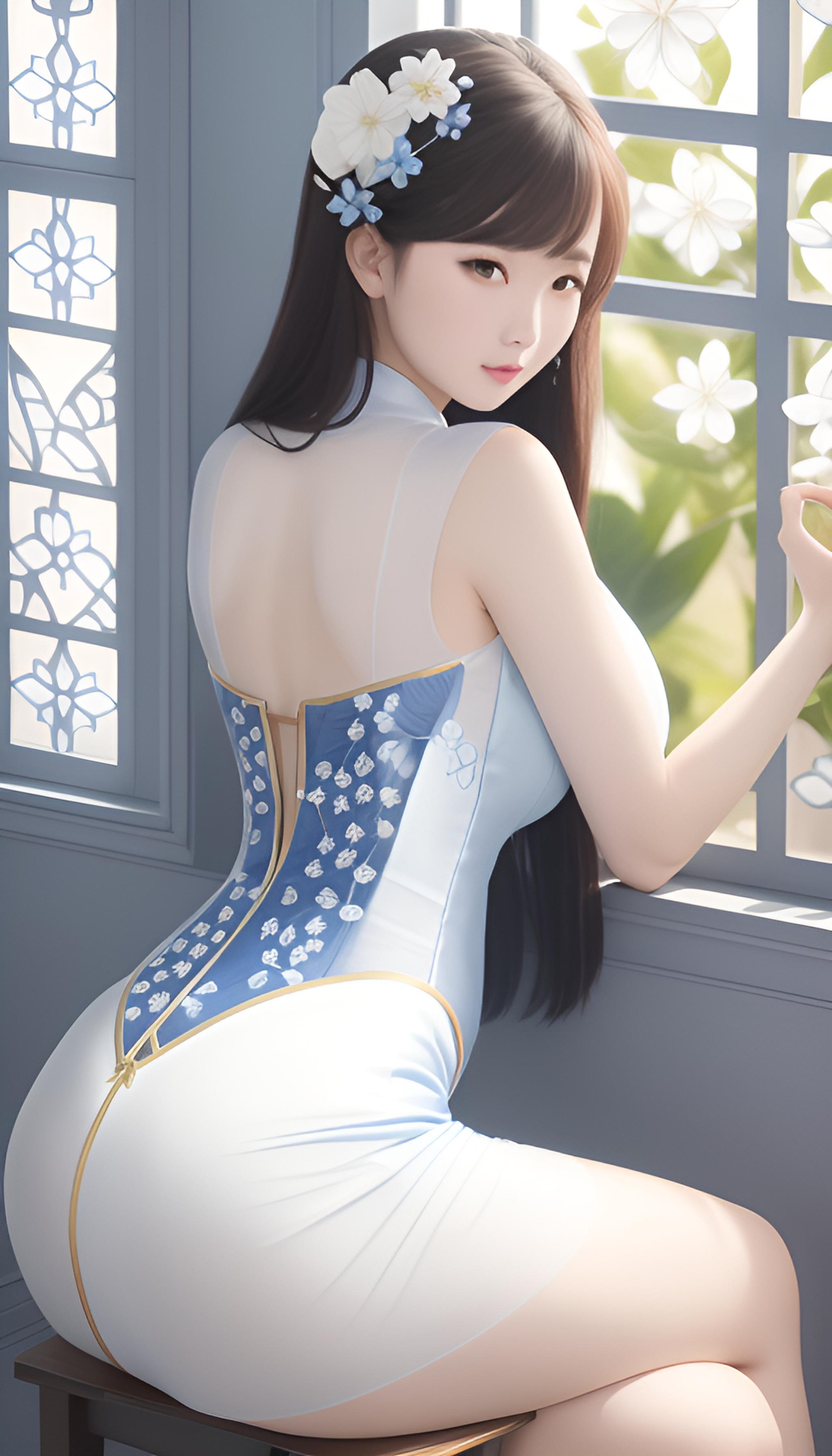 美少女，青花旗袍，美