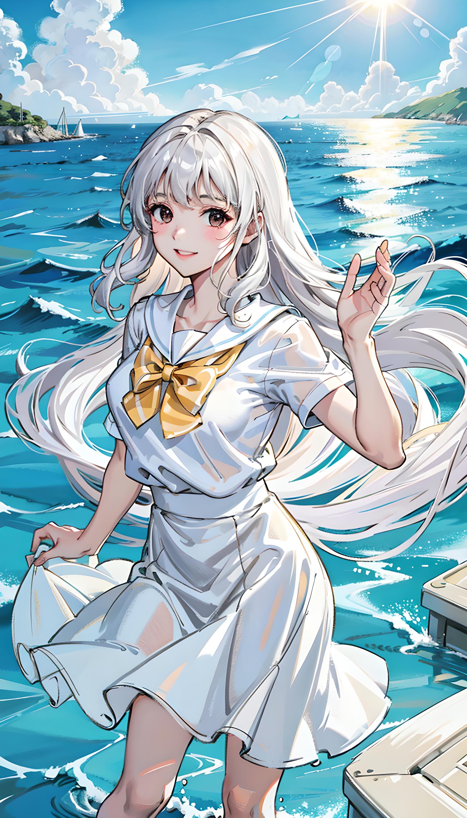 海边踏浪的少女