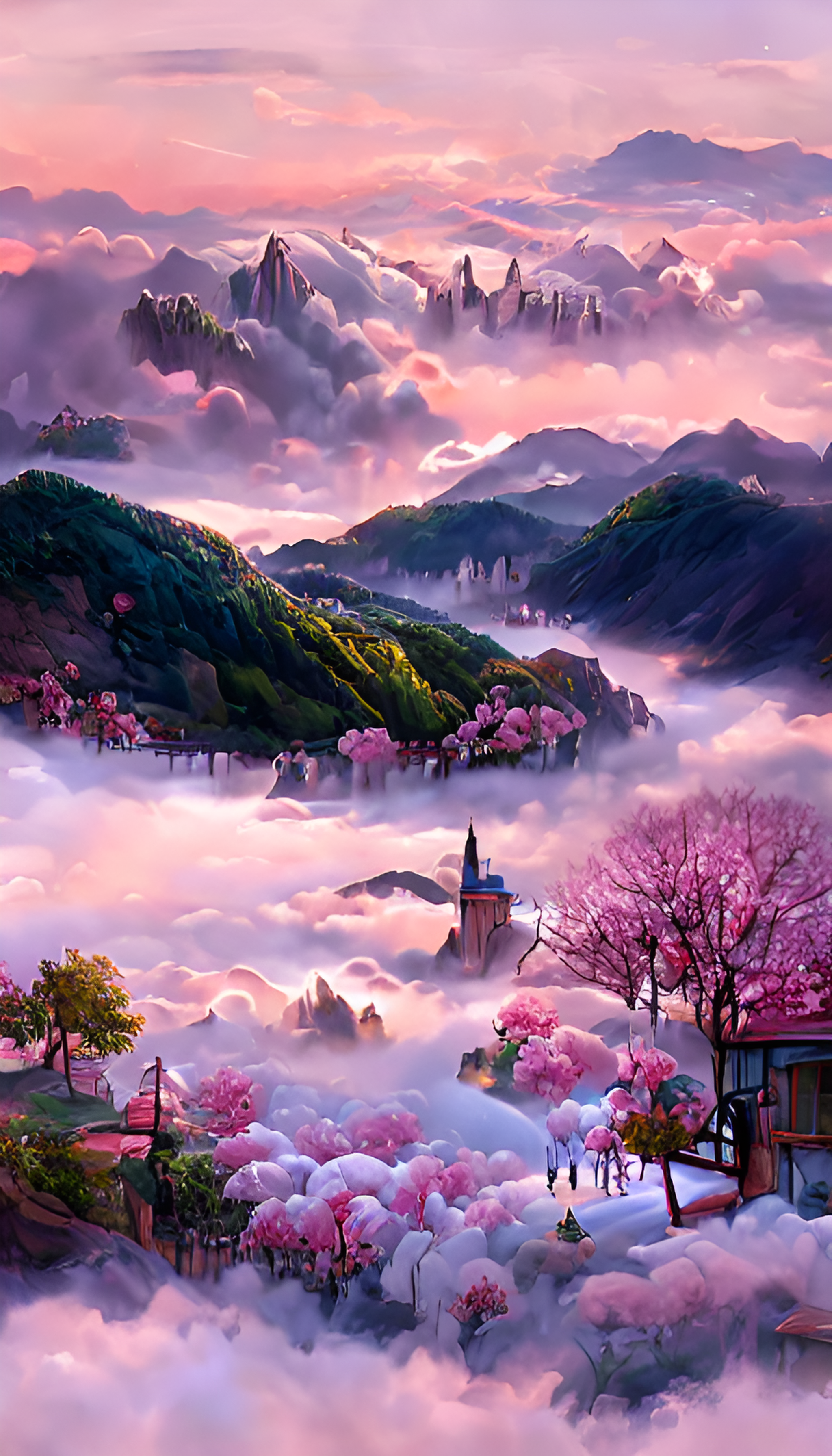 云雾，粉色房子，粉色树木