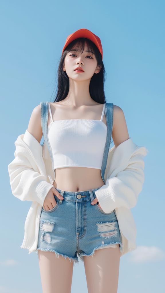背带牛仔短裤女孩