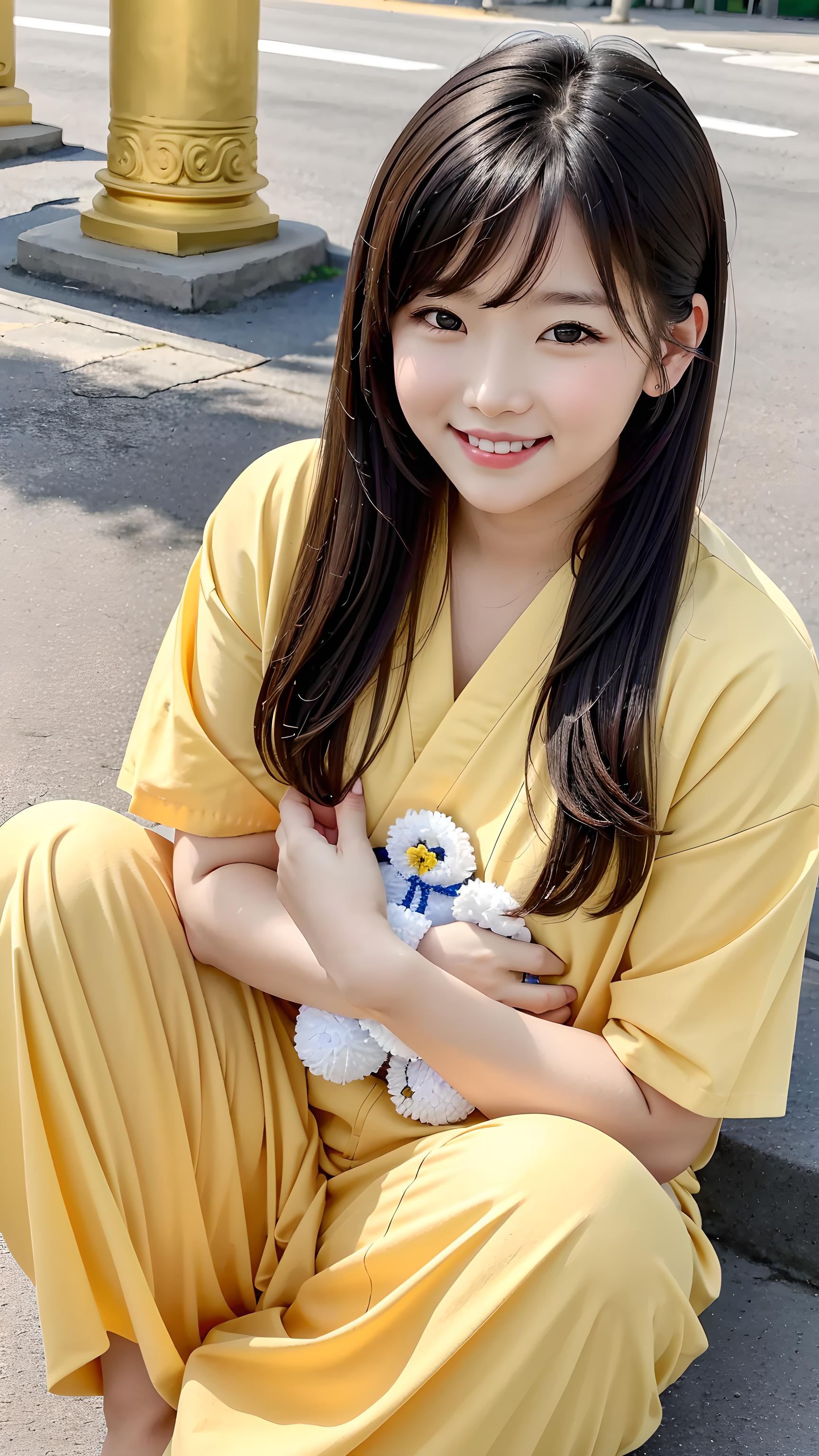 青春靓丽女孩子坐在台阶上手里抱着娃娃