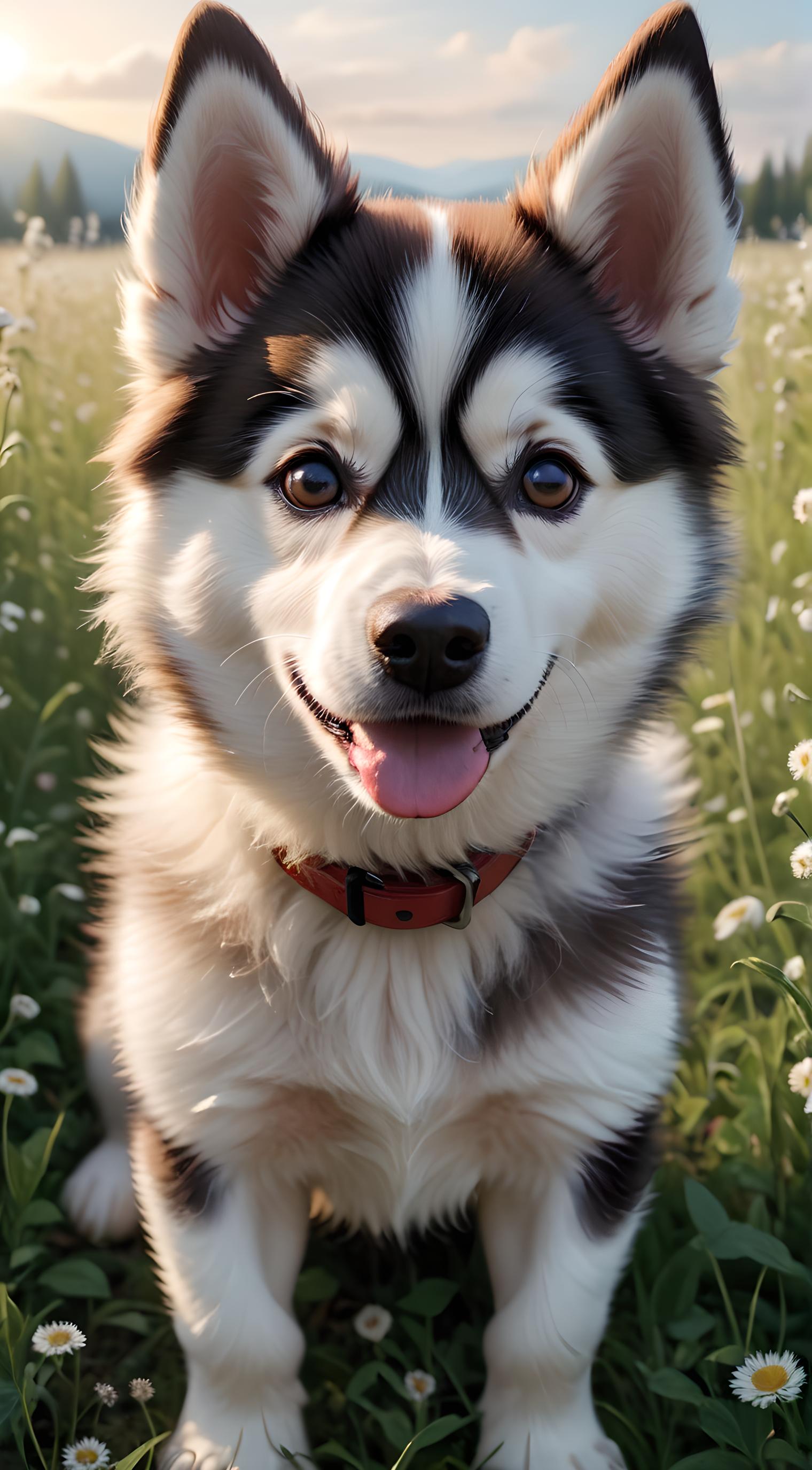 动物 可爱 哈士奇犬  草地 森林 野花