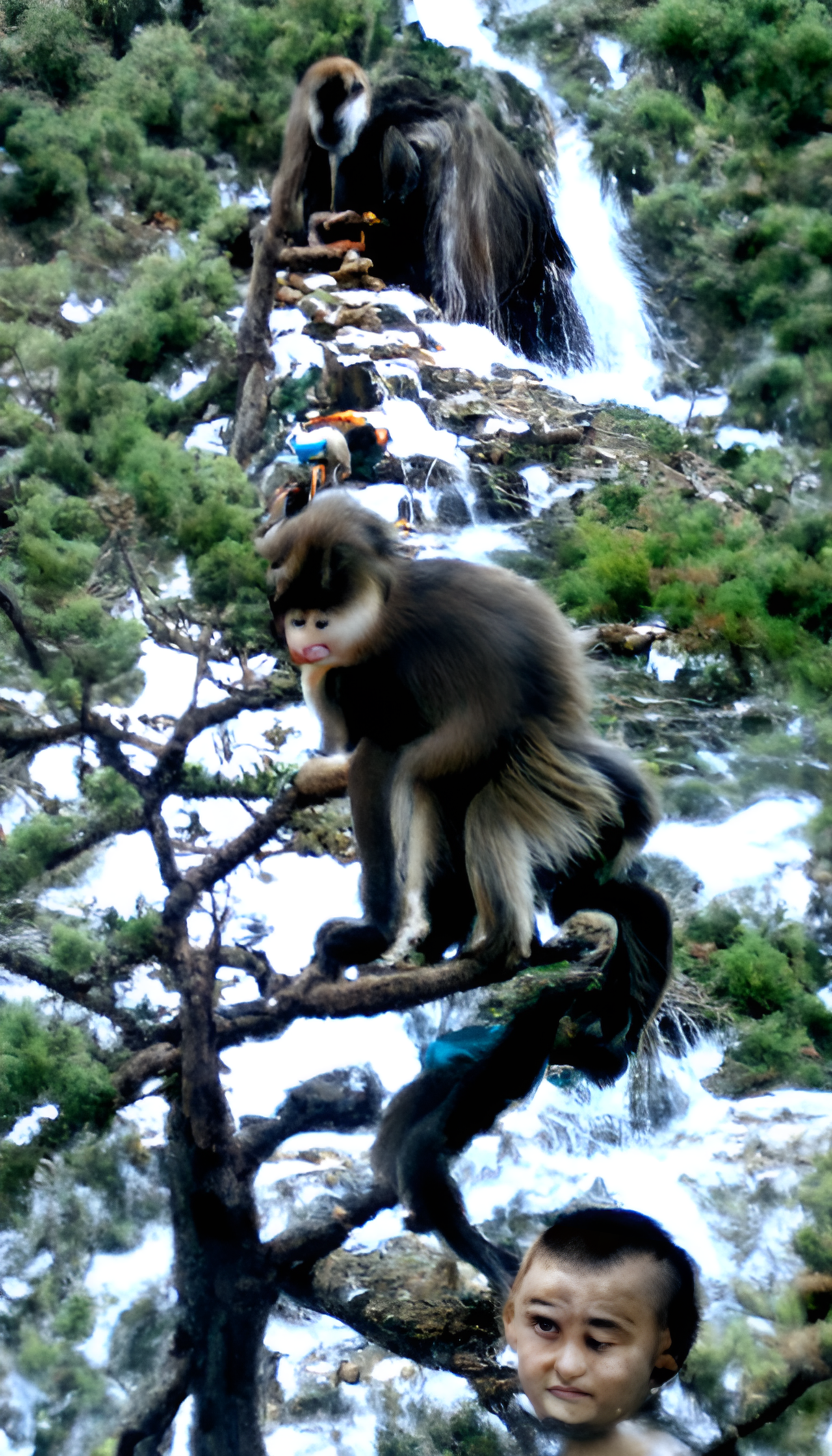 山区，高山瀑布流水，灵巧的猴子在松林攀越