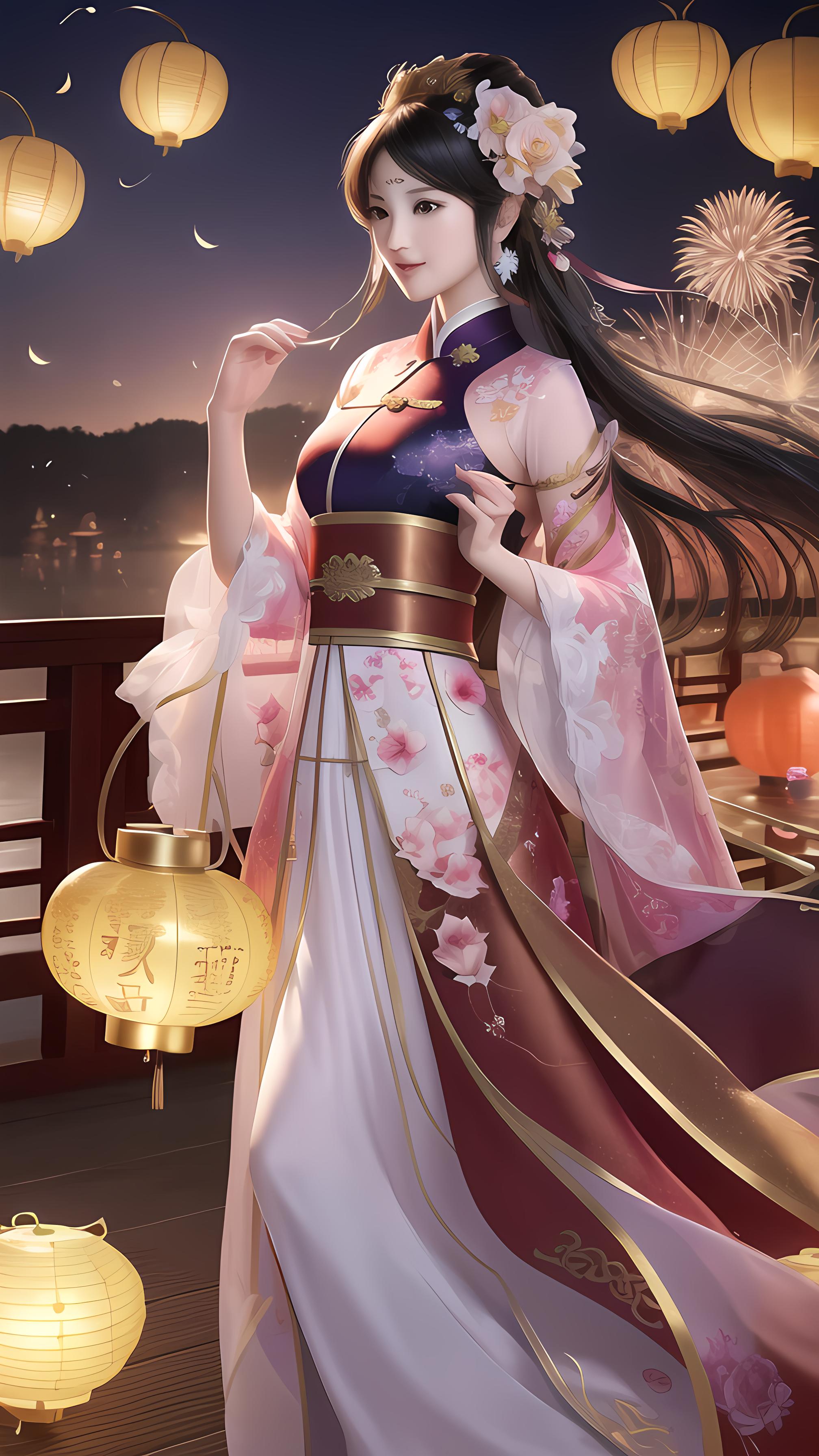 古装少女，元宵节祈福